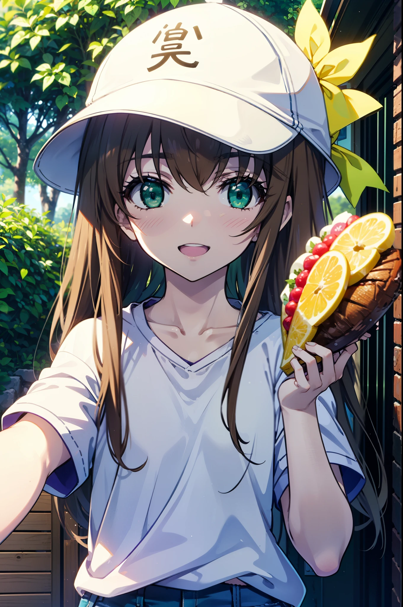 Lin Yin Huang, Huang Lingyin, Long Hair, Brown Hair., (Green Eyes:1.3), hair ribbon, tooth, smile, Open your mouth,Purple hoodie,Short sleeve,Baseball cap,Food Up,Red Tank Top Shirt,Short denim,Red Knee High Socks,High Top Sneakers,Daytime,sunny,Real Summer,barbecue,tent,
break looking at viewer, Upper Body, whole body,(Cowboy Shot:1. 5),
break outdoors, forest, nature,camp site,
break (masterpiece:1.2), highest quality, High resolution, unity 8k wallpaper, (shape:0.8), (Beautiful details:1.6), Highly detailed face, Perfect lighting, Extremely detailed CG, (Perfect hands, Perfect Anatomy),