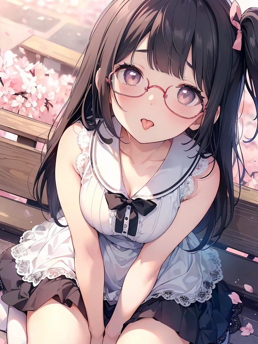 Very detailed, highest quality, High resolution, Moe Anime, ((A cute elementary school girl with black hair and droopy eyes)), ((Wearing large round glasses:1.4)), (Baby Face), Cute eyes, Detailed eye depiction, Sparkle in the eyes, View your viewers, Pale skin, (Big eyes:1.4, Droopy eyes:1.4, Fatty face:1.4), smile, Focus on the face, In the park with cherry blossoms falling, Sitting, (Extreme close up of tongue), (((From above))), Open your mouth, (((Face only:1.3))), ((white lace sleeveless dress)), Bright Eyes, Light from the front, (Put your hands between your legs:1.4), large and long tongue, Cleavage, Straight long hair, Pink ribbon