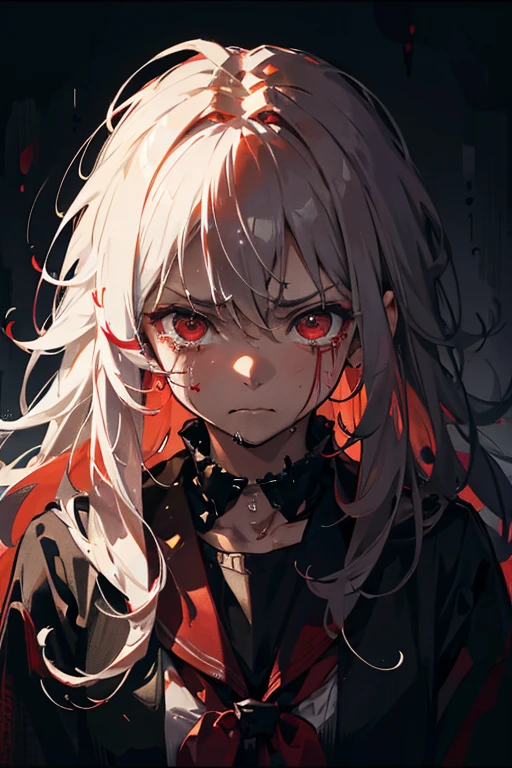 girl appearance with serious face, psychopathic look, does not smile looks sad, angry, red eyes, messy hair, traumatized, tears of blood