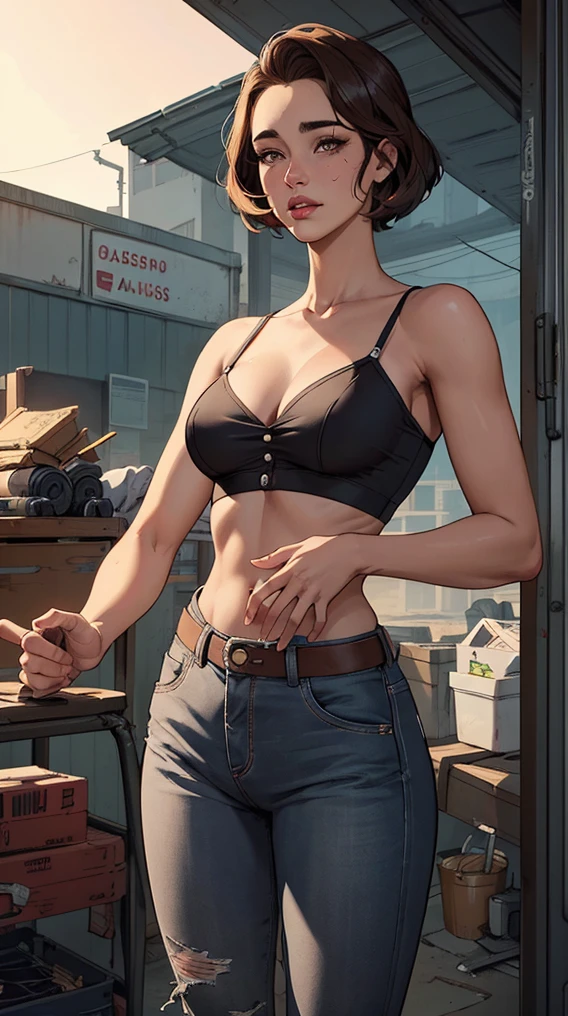Personagem mulher estilo atompunk Fallout 4 cabelos pretos atriz Ella Purnell com marcas de guerras Imagem de desenho animado de uma mulher .Ilustracaoo estilo desenho animado, estilo de arte dos desenhos animados, estilo de arte dos desenhos animados, digital illustration style, estilo atompunk design de personagens altamente detalhado, arte digital detalhada coragem,atriz Ella Purnell com cabelo preto e corpo esguio Forest fan art, Design de cabelos pretos personagens de retrato, beautiful digital illustration, retrato de alta qualidade, Arte em quadrinhos, s . Olhos delineados, medium bust and wonderful sexy clothes. image expression of sexual desire from waist to head illustration atompunk style Fallout 4 The perspective is from below, enfatizando a majestade e o poder da Gigante."atriz Ella Purnell cabelos pretos(mais alta qualidade, super detalhado, realista:1.37), ar livre, garota, turvar, olhos detalhados e lindos, beautiful detailed lips, cowboy hat, colete com franjas, cintura fina, coxas finas, fenda apertada, coxas finas, mostrar barriga, pants, tissue, with confidence, Medium chest, paisagem de fazenda empoeirada, golden hour lightingCartoon style digital illustration GTA style