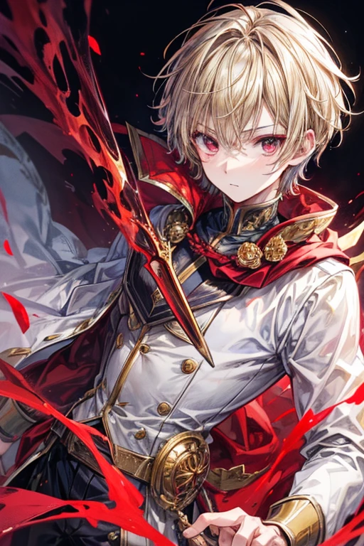 (masterpiece, best quality, perfect face, expressive eyes), 1boy, (anime), (male), (adult), short blonde hair, red eyes, golden prince uniform, golden wreath, holding a red magic dagger