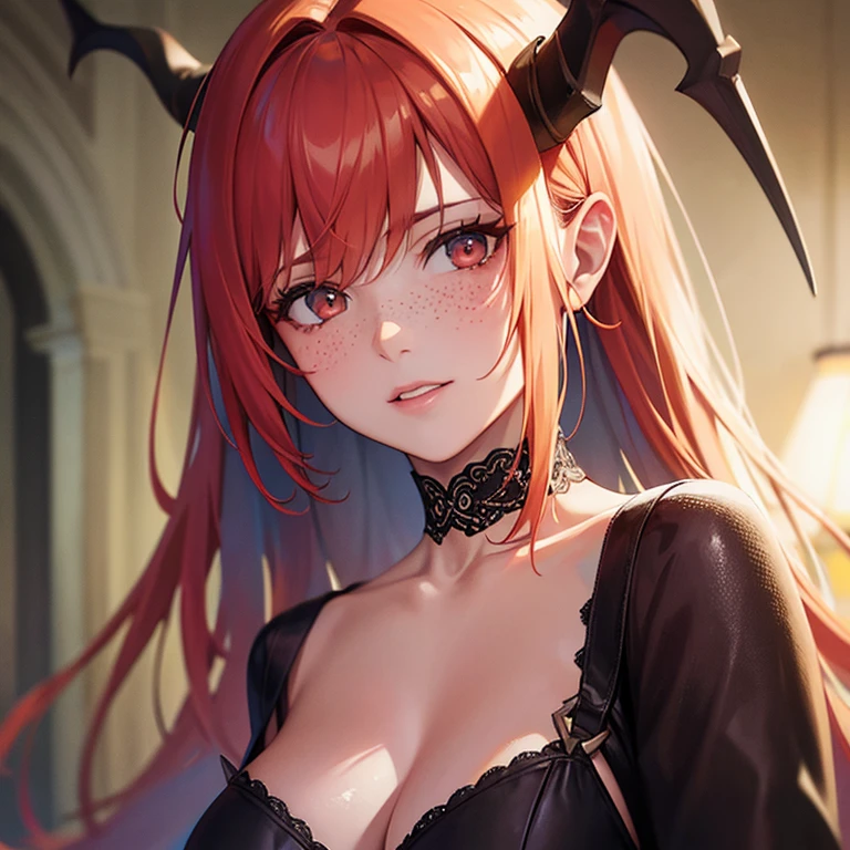 (best quality,4k,8k,highres,masterpiece:1.2),ultra-detailed,(realistic,photorealistic,photo-realistic:1.37),portrait,illustration,succubus,[red hair],[white skin with freckles],vivid colors,sharp focus,ethereal,luminous lighting,romantic,enchanted garden,horns,[feathers on the wings],elegant,dark fantasy