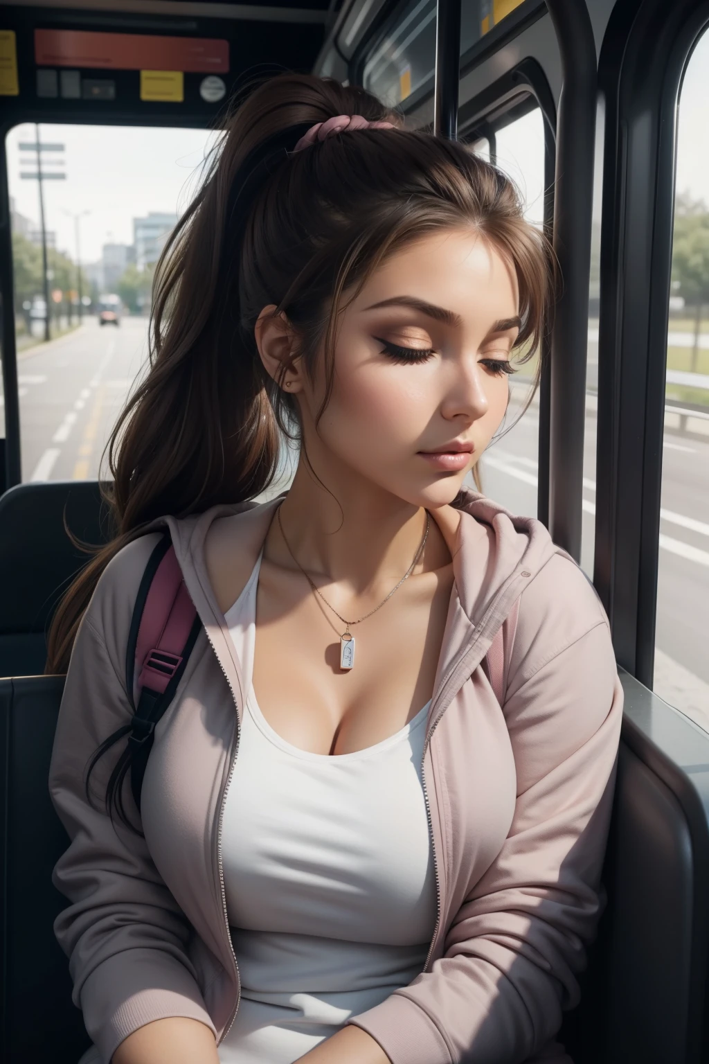 1 beautiful woman, large body, beautiful, eyes closed, brown hair, eyelids made up, neckline, hair tied in a ponytail, pink T-shirt with a low neckline, gray jacket, gray jumpsuit, sneakers, black backpack, small necklace, asleep, ARMS CROSSED, asleep on the bus, Lucy pinder, eyes closed, mouth open, sitting on the bus, voluptuous woman, ((Very intense makeup))