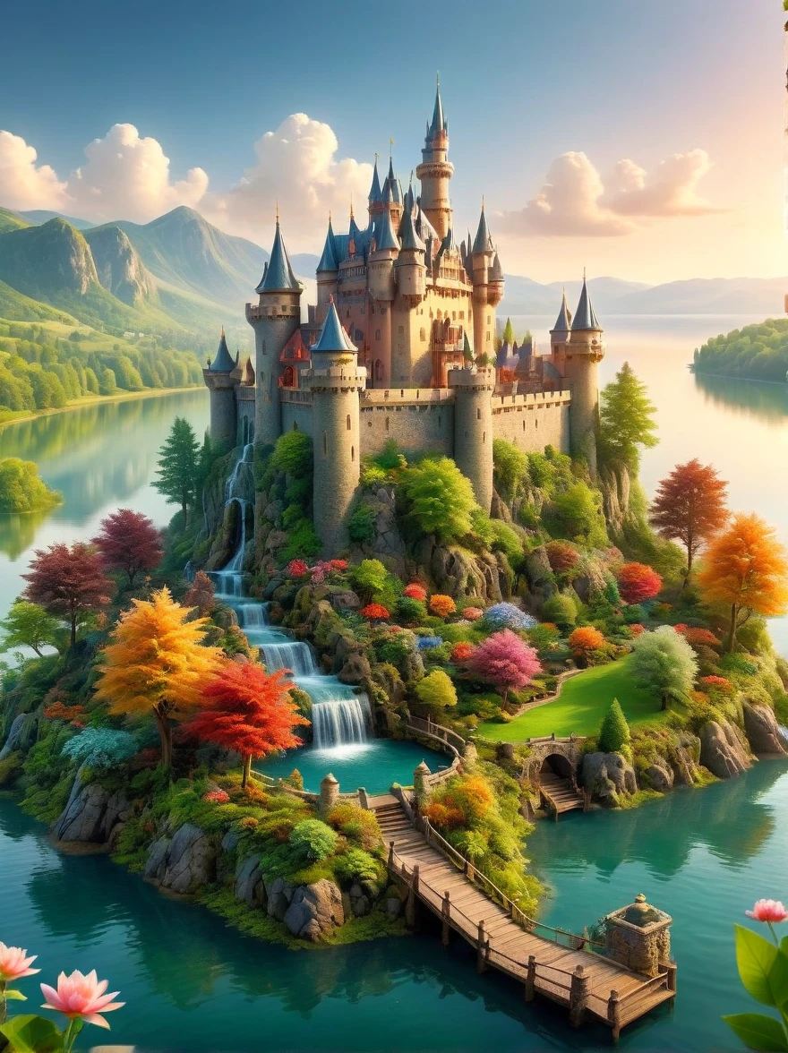 This is a miniature scene.，Imagine a serene and magical fantasy world. In the heart of this vibrant, enchanted setting stands a majestic castle, It sits in the middle of an expansive lake, surrounded by an array of diverse aquatic plants. Many flowers of different types and radiant colors punctuate the lovely landscape, adding to its charm, Multiple waterfalls spring from nearby cliffs, their water glistening under the dawn light as they feed the lake, The sun is just beginning to peek over the horizon, casting beautiful, warm hues onto the castle and the surrounding nature with its first light of the day，Lush Landscape, spring, rain, Soft Mist,HD natural light, Tilt-Shift Photography, Photography, Octane Rendering