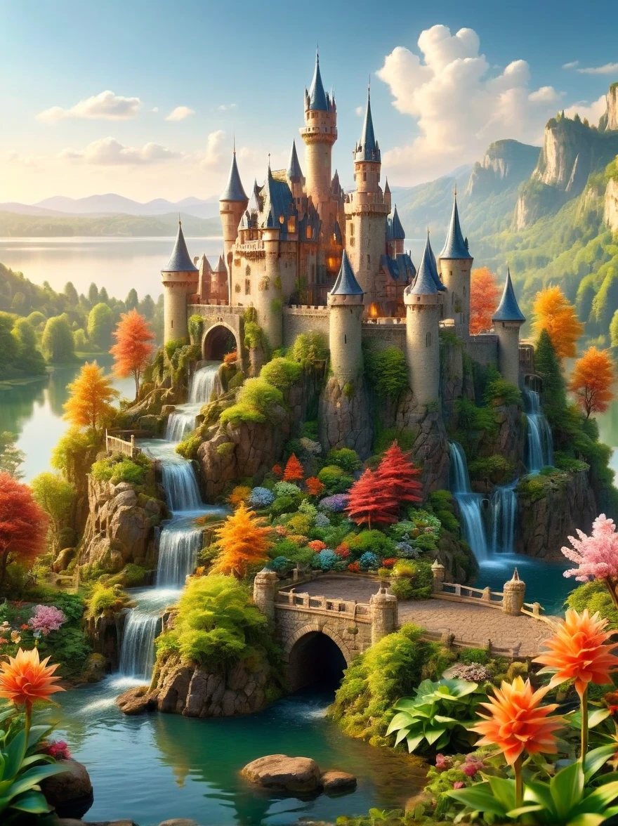 This is a miniature scene.，Imagine a serene and magical fantasy world. In the heart of this vibrant, enchanted setting stands a majestic castle, It sits in the middle of an expansive lake, surrounded by an array of diverse aquatic plants. Many flowers of different types and radiant colors punctuate the lovely landscape, adding to its charm, Multiple waterfalls spring from nearby cliffs, their water glistening under the dawn light as they feed the lake, The sun is just beginning to peek over the horizon, casting beautiful, warm hues onto the castle and the surrounding nature with its first light of the day，Lush Landscape, spring, rain, Soft Mist,HD natural light, Tilt-Shift Photography, Photography, Octane Rendering