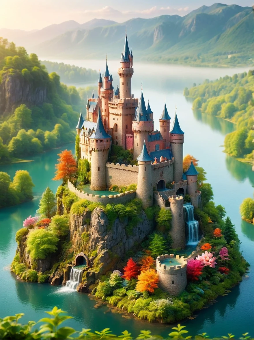 This is a miniature scene.，Imagine a serene and magical fantasy world. In the heart of this vibrant, enchanted setting stands a majestic castle, It sits in the middle of an expansive lake, surrounded by an array of diverse aquatic plants. Many flowers of different types and radiant colors punctuate the lovely landscape, adding to its charm, Multiple waterfalls spring from nearby cliffs, their water glistening under the dawn light as they feed the lake, The sun is just beginning to peek over the horizon, casting beautiful, warm hues onto the castle and the surrounding nature with its first light of the day，Lush Landscape, spring, rain, Soft Mist,HD natural light, Tilt-Shift Photography, Photography, Octane Rendering