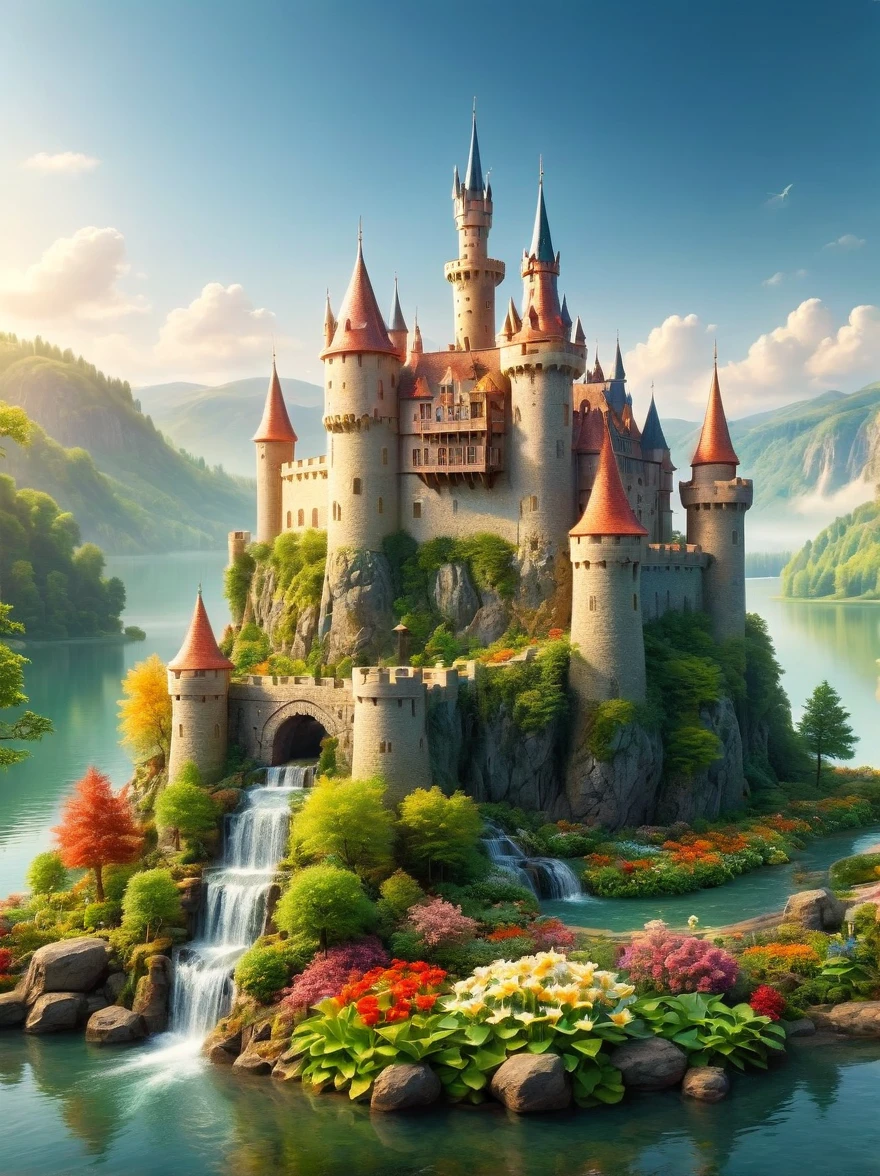 This is a miniature scene.，Imagine a serene and magical fantasy world. In the heart of this vibrant, enchanted setting stands a majestic castle, It sits in the middle of an expansive lake, surrounded by an array of diverse aquatic plants. Many flowers of different types and radiant colors punctuate the lovely landscape, adding to its charm, Multiple waterfalls spring from nearby cliffs, their water glistening under the dawn light as they feed the lake, The sun is just beginning to peek over the horizon, casting beautiful, warm hues onto the castle and the surrounding nature with its first light of the day，Lush Landscape, spring, rain, Soft Mist,HD natural light, Tilt-Shift Photography, Photography, Octane Rendering