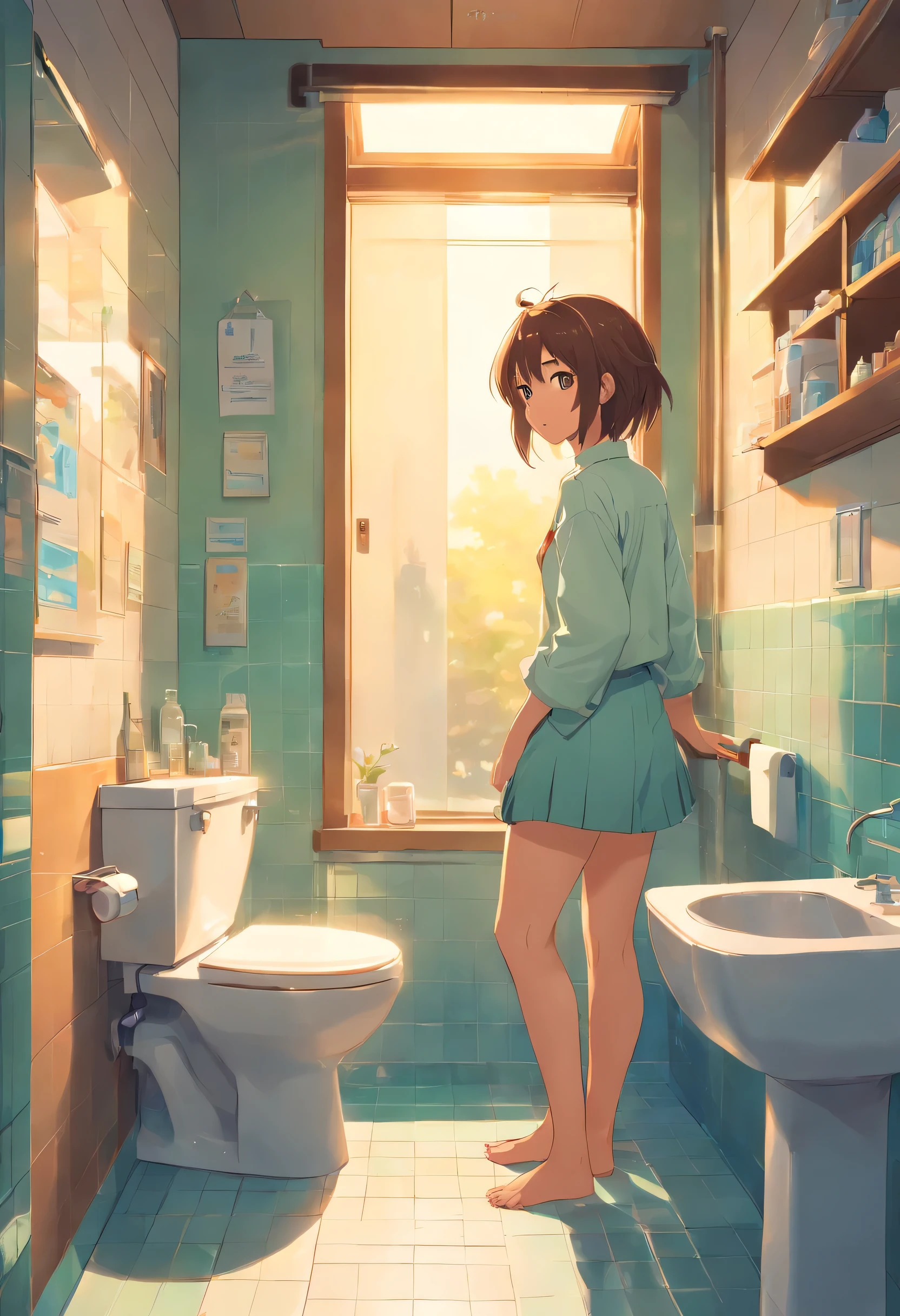 bathroom,toilet,Mirror,((boy sitting on toilet)),Overlooking,panoramic,anatomically correct, super detail, high details, high quality, award winning, best quality, highres