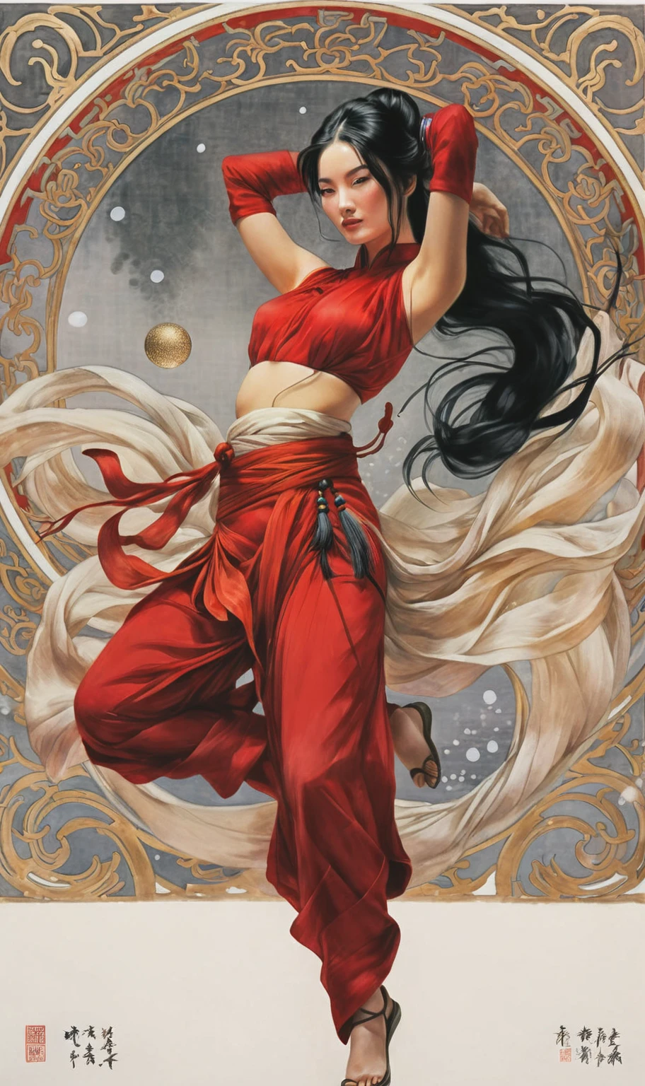 a painting of a woman in red with black hair, im Stil zarter Tuschewaschungen, epische Fantasy-Szenen, Chinese painting, bespritzt/tropfte, White background, traditional costumes, soft focus lens --ar 73:98 --stilize 750 --v 6