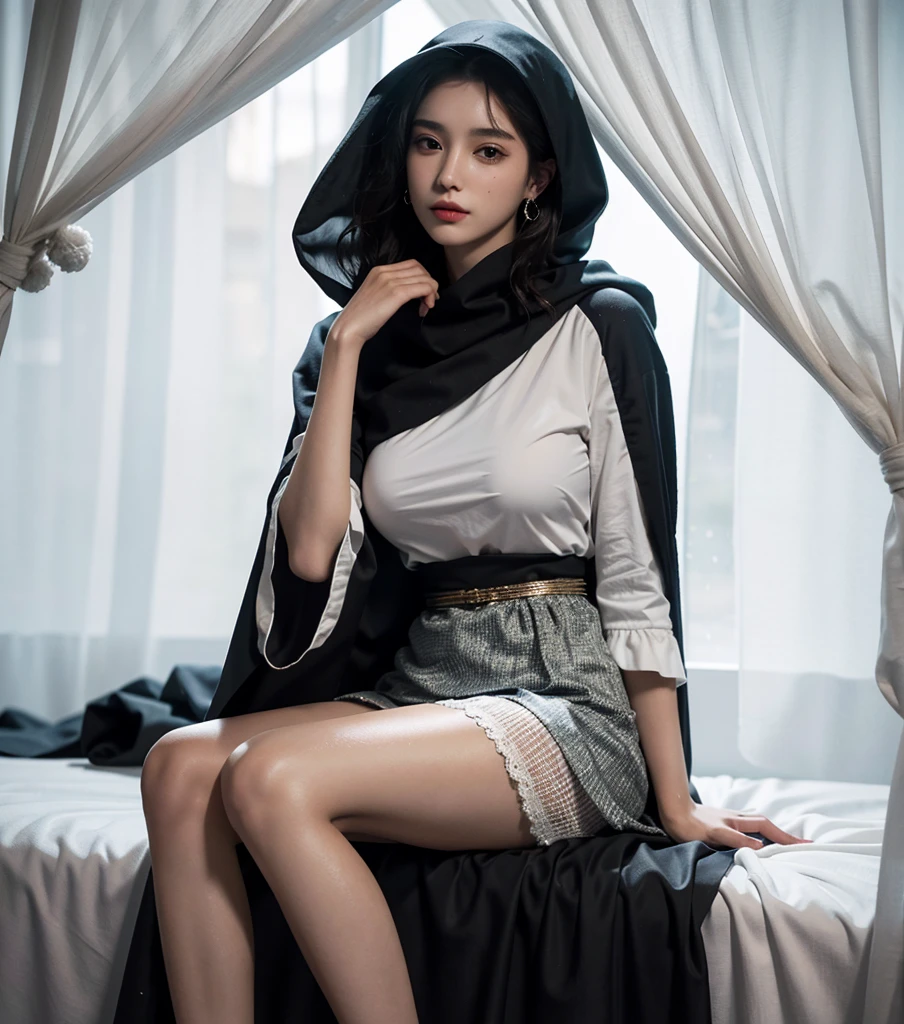 masterpiece, best quality, ultra-detailed, high-resolution, 20 years old, tearful mole, earring, very huge round breasts, short medium hair, wavy hair, wet clothes, full body shot, alone, fortune teller robes, in gipsy tent, skirt, face veil, cloak,