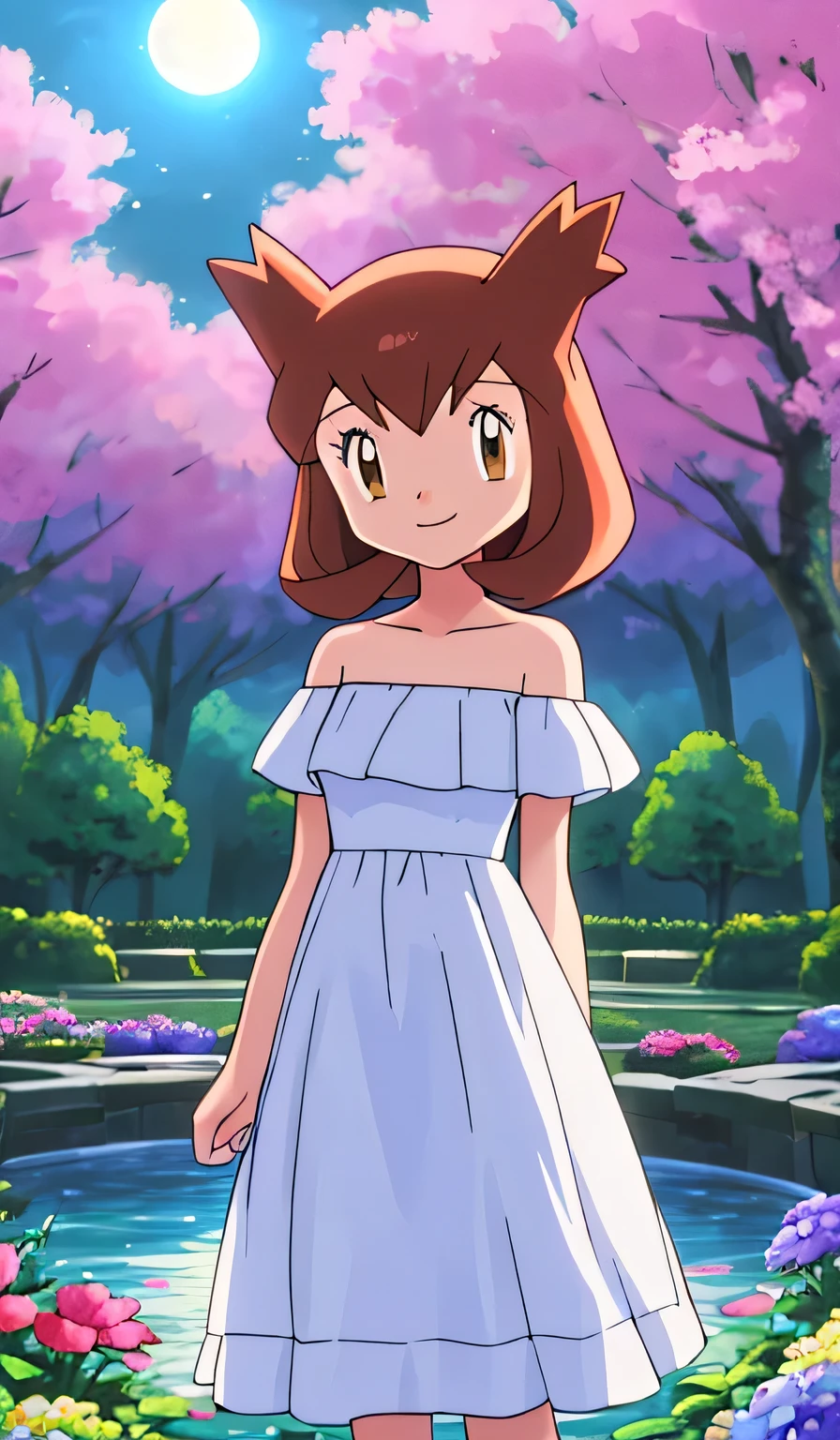 masterpiece, best quality, ultra-detailed, illustration, beautiful detailed eyes, very detailed illustration, cinematic lighting, 1 girl, solo, Pokemon Heroes (Bianca), Brown Hair, brown eyes, bare shoulders, strapless, off shoulders, white ruffle off the shoulder top, white maxi dress, intricate details, sharp focus, high resolution, the background of beautiful garden with a forest of flowers, on a beautiful night, full moon, smile, standing near a water pool on the bottom, arms behind back, anime style, ultra-detailed, hdr, far at the bottom, in the center, Close up