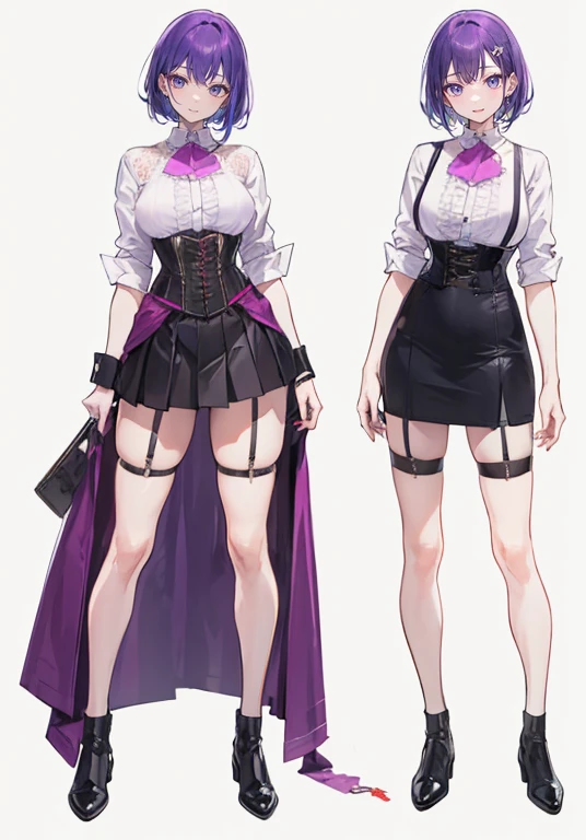 Purple hair,Shortcuts,Adult female,Bartender,((Body harness)),((Rolling up your sleeves shirt)),(Corset),(Tight skirt),((Garter belt)),(Heal),((Simple background)),Smile,((Full body)),((whole body)),Character Sheet,