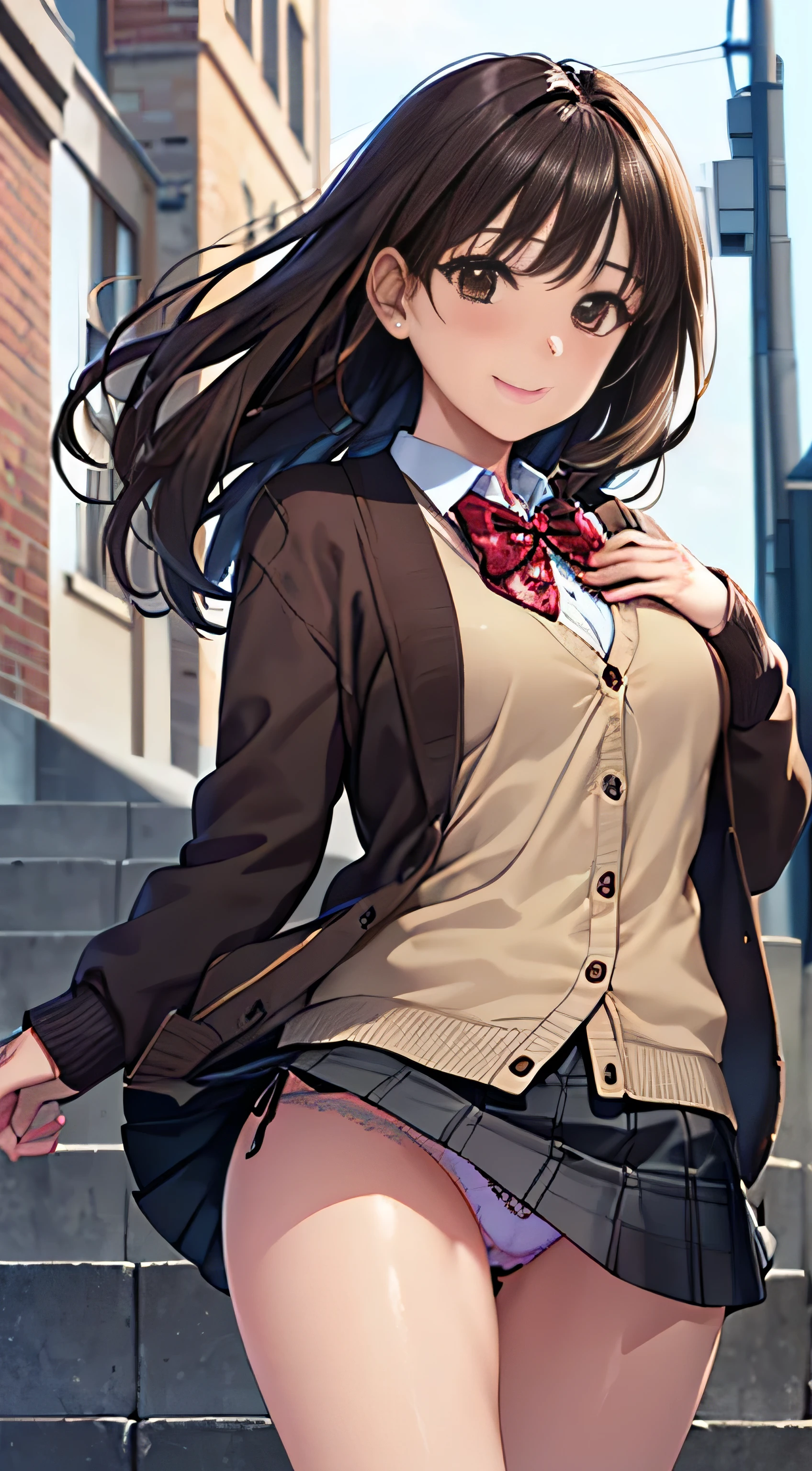 ((Tabletop, highest quality, High resolution, Hmph, Perfect Pixel,  4K, Hmph, Hmph))), One Girl, single, alone, Beauty、The whole body is visible、 ((Mid-wave hair, bangs, Brown Hair)), ((Brown eyes, Beautiful eyelashes, Realistic eyes)), ((Detailed face, Blushing:1.2)), ((Smooth texture:0.75, Realistic texture:0.65, Realistic:1.1, Anime CG Style)), Medium chest, Dynamic Angle, Perfect body,  ((Red bow tie, , Black jacket, Open jacket, Brown cardigan, White shirt, Black Skirt, Checked skirt)), City stairs、Looking up from the bottom of the stairs、Very embarrassing panic smile, looked back、Leaning forward、(The wind blew up her skirt, exposing her buttocks....................、Touch your buttocks with both hands、Light blue floral lace panties)、