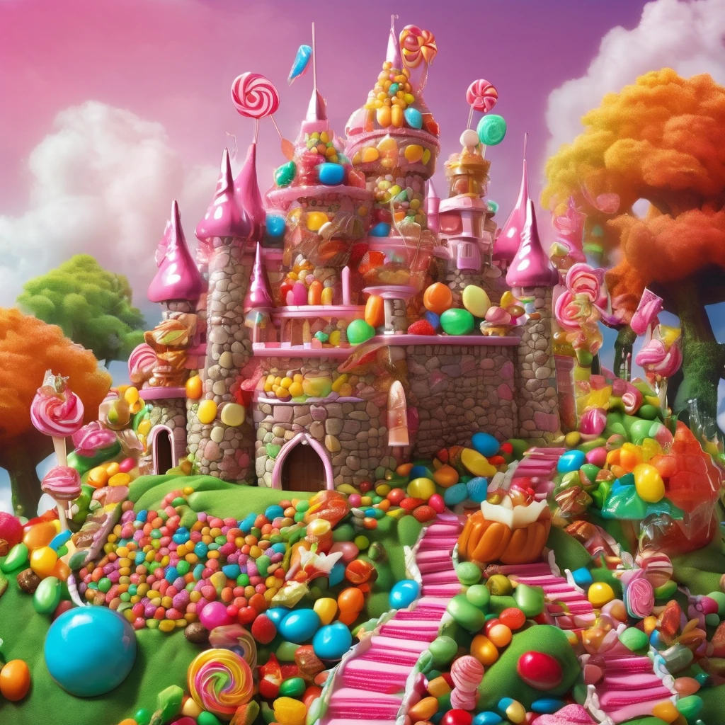 A castle made of candy and yummy food has sexy frog woman peasants going about their dream land day