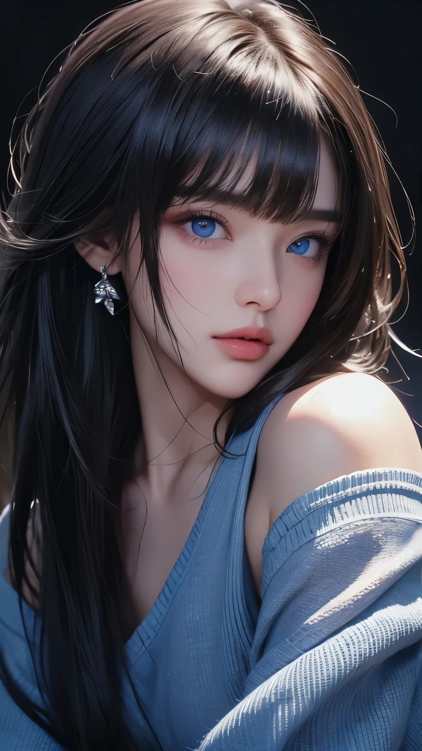masterpiece, best quality, ultra-detailed, facing the camera head on, intricately detailed hyperdetailed, realistic, sharp features, highly detailed, sharp focus, perfect face, perfect face, perfect symmetrically perfect eyes, perfect full lips, flexible female form, cinematic, film light, hyper detailed, hyper realistic, masterpiece, atmospheric, high resolution, vibrant, dynamic studio lighting, ((Dark background)), Facial expressions when receiving pleasure, straight Bangs, blue Eyes,black sweater, cowboy shot,