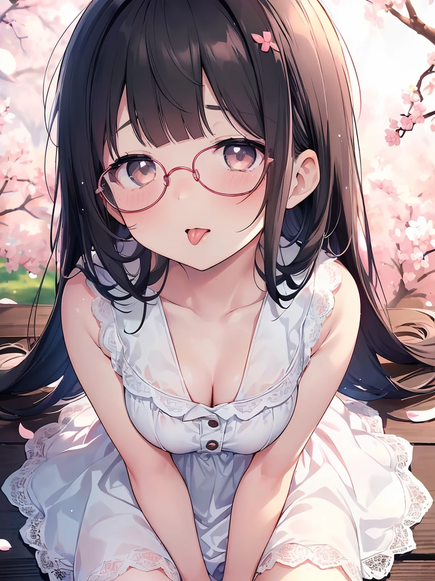 Very detailed, highest quality, High resolution, Moe Anime, ((A cute elementary school girl with black hair and droopy eyes)), ((Wearing large round glasses:1.4)), (Baby Face), Cute eyes, Detailed eye depiction, Sparkle in the eyes, View your viewers, Pale skin, (Big eyes:1.4, Droopy eyes:1.4, Fatty face:1.4), smile, Focus on the face, In the park with cherry blossoms falling, Sitting, (Extreme close up of tongue), (((From above))), Open your mouth, (((Face only:1.3))), ((white lace sleeveless dress)), Bright Eyes, Light from the front, (Put your hands between your legs:1.4), large and long tongue, Cleavage, Straight long hair, Pink ribbon