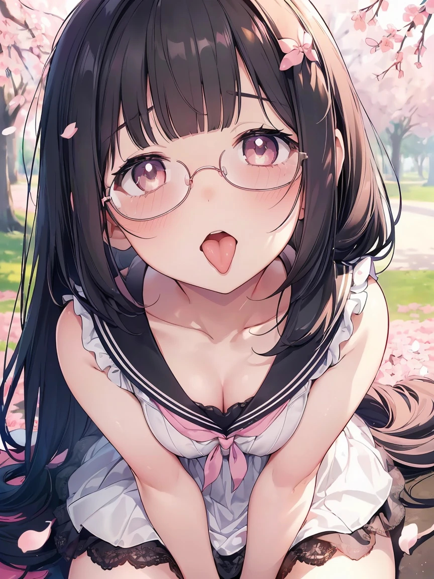 Very detailed, highest quality, High resolution, Moe Anime, ((A cute elementary school girl with black hair and droopy eyes)), ((Wearing large round glasses:1.4)), (Baby Face), Cute eyes, Detailed eye depiction, Sparkle in the eyes, View your viewers, Pale skin, (Big eyes:1.4, Droopy eyes:1.4, Fatty face:1.4), smile, Focus on the face, In the park with cherry blossoms falling, Sitting, (Extreme close up of tongue), (((From above))), Open your mouth, (((Face only:1.3))), ((white lace sleeveless dress)), Bright Eyes, Light from the front, (Put your hands between your legs:1.4), large and long tongue, Cleavage, Straight long hair, Pink ribbon