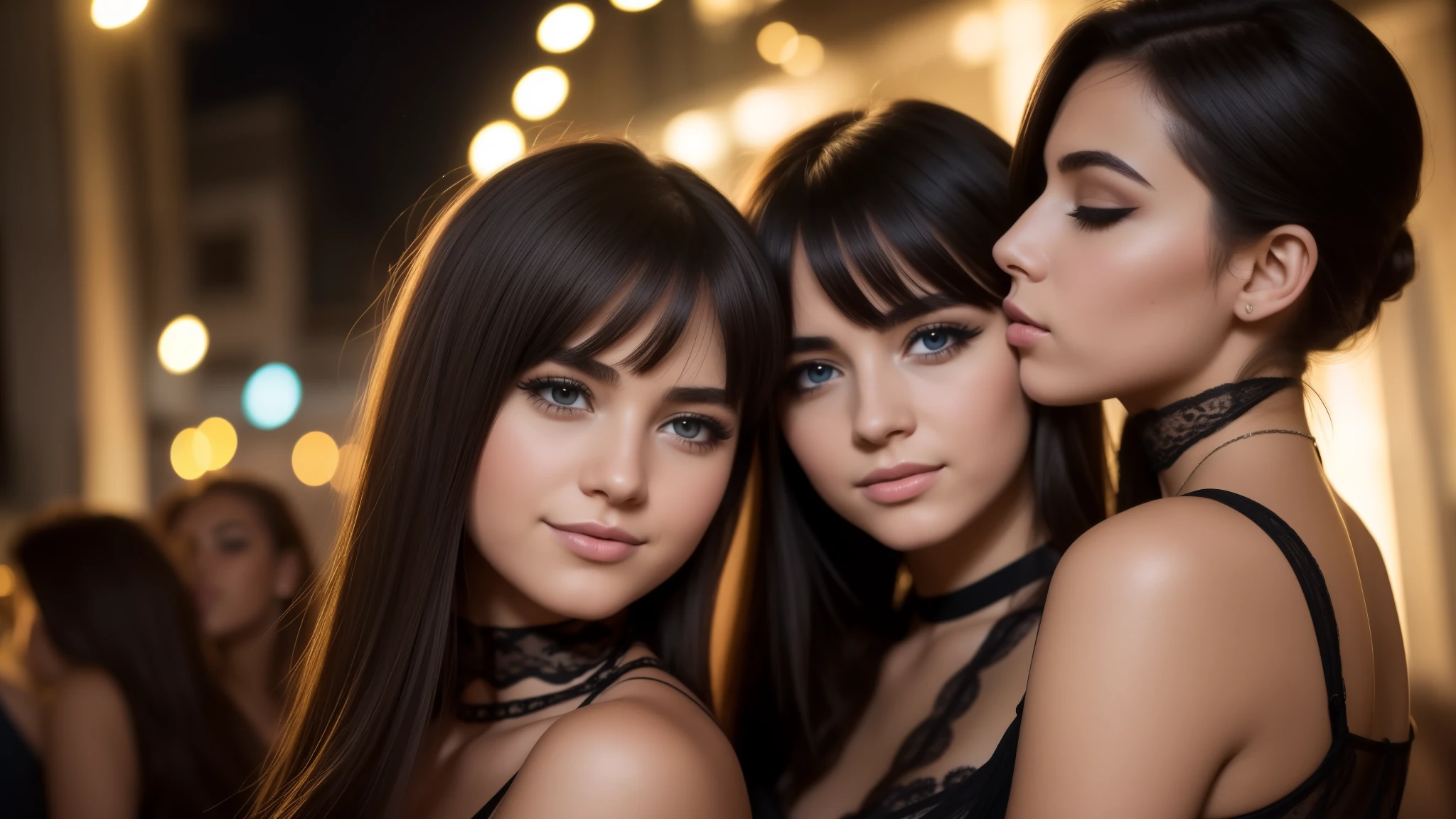 Capture a photorealistic, hyper-detailed image of 2 girls together in a single frame, 18 years old, (kissing:1.2), smiling, Dark hair, choker, (dark eyeshadow:1.3), shag_cut hair, (big breasts:1.3), curvy russian women in a mini floral dress at a rave party in greece. Realistic skin texture. Use ambient street lighting to create vintage shadows. evening. Export in RAW with a 'vintage elegance' Instagram LUT