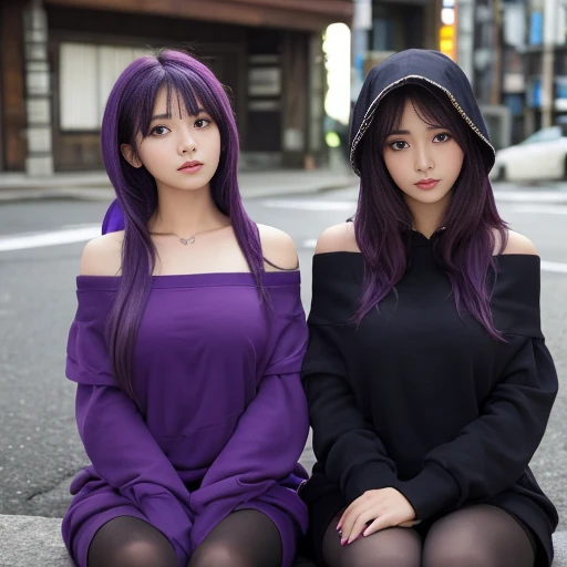 off shoulder, (twins womans) , deep cleavage, long hair, black hoodie style, wrapped in dirty rags , purple haired , big boob, absurd, beautiful face , beautiful eyes, perfext body. Full body shoot , sitting , happy , squirt , indonesian , tokyo background