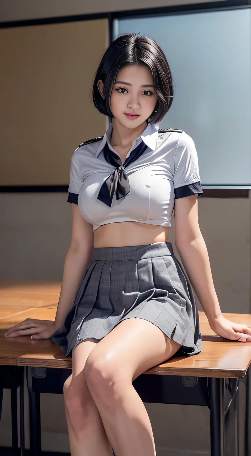 ((malay beautiful girl:1.5)) ((20 years)) ((jakarta high school)) ((school uniforms:1.4)) ((panty shot:1.5)) ((full white shirt with unbutton)) ((high school)),((blueish grey long skirt:1.2)),white collar, open collar until chest, no blueish grey tie, ((in the class room:1.3)) ((thin_fabric:1.4)) ((random sexy pose:1.3)) ((sweaty:1.3))((face is flushed:1.4)) ((big breasts:1.5)) ((close-up:1.2)) best quality,masterpiece,ultra high res,(photorealistic:1.4),raw photo,(Authentic skin texture:1.3),(film grain:1.3),panorama,character portrait,very wide shot,narrow waist,cowboy shot,(in the dark, deep shadow, low key, cold light,) night,(()),streaming tears,,dust,Tyndall effect,(expression),1girl,beautiful detailed eyes and face,white jabot,brown eyes,((black hair:1.2)) ((full body:1.3)) ((smile:1.3)) ((short hair:1.1)) ((osis school logo only on chest,))((small head))((short sleeves))