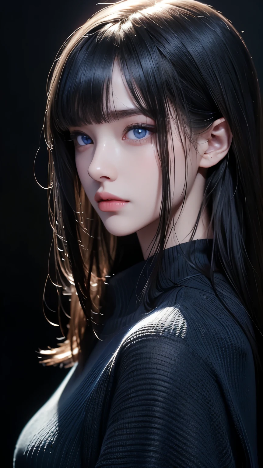 masterpiece, best quality, ultra-detailed, facing the camera head on, intricately detailed hyperdetailed, realistic, sharp features, highly detailed, sharp focus, perfect face, perfect face, perfect symmetrically perfect eyes, perfect full lips, flexible female form, cinematic, film light, hyper detailed, hyper realistic, masterpiece, atmospheric, high resolution, vibrant, dynamic studio lighting, ((Dark background)), Facial expressions when receiving pleasure, straight Bangs, blue Eyes,black sweater, cowboy shot,