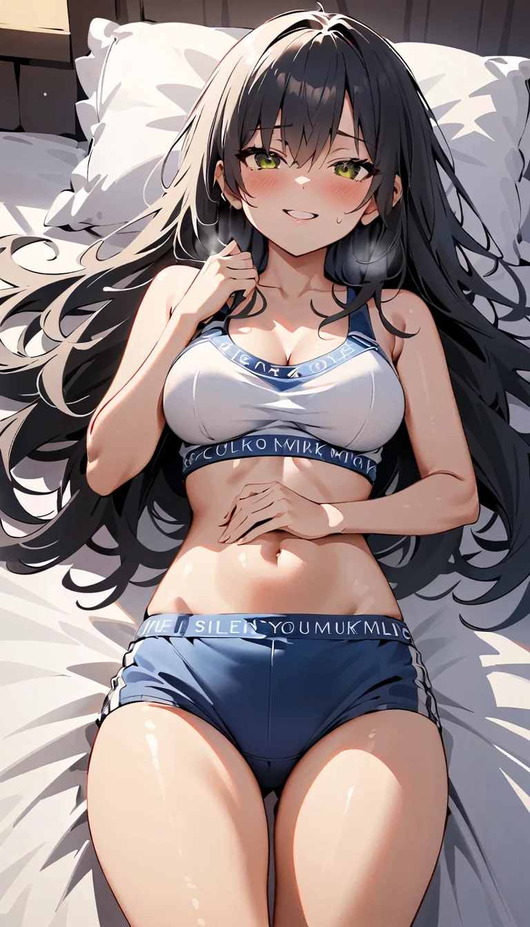 (high quality, 8k, 4K, High Contrast, masterpiece:1.2, 最high quality, Best aesthetics), , lingerie, Very detailed, Seductive and erotic girl, false smile, Forced smile,Shadowy Face,blush,Cuckold,Open underwear,Embarrassed,(Normal milk, Silver fur), Focus on the face, Focus on the face, Complex eyes,, laced , Hotel Bed, Lying on your back on the bed, Viewers looking up, Open-chested clothing,Black Hair,Sports underwear,Show your side