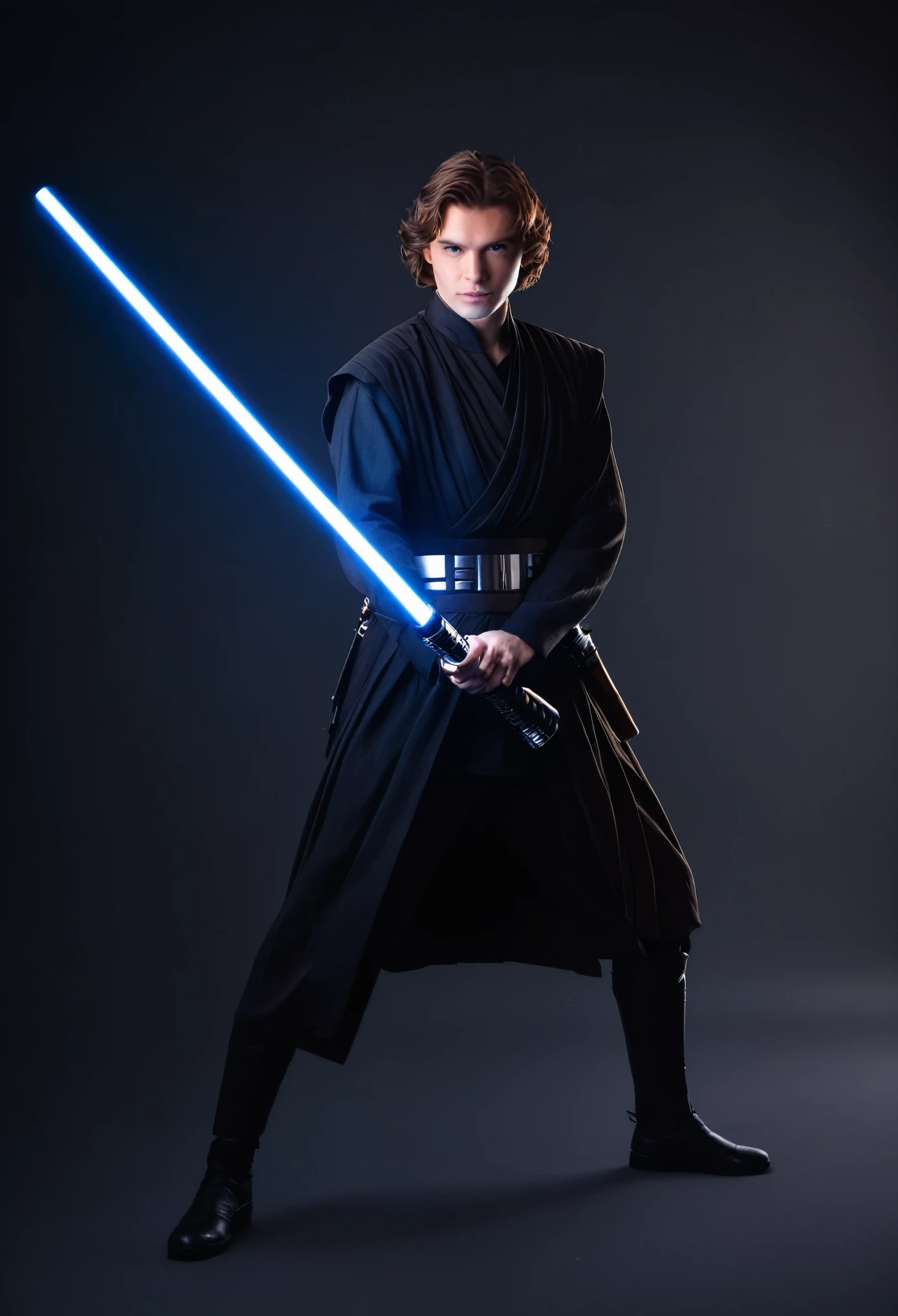 Character holding a sword in one hand and light saber in other hand