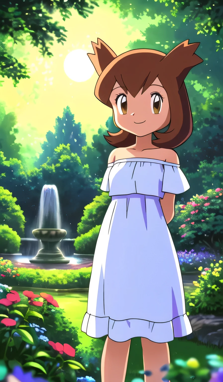 masterpiece, best quality, ultra-detailed, illustration, beautiful detailed eyes, very detailed illustration, cinematic lighting, 1 girl, solo, Pokemon Heroes (Bianca), Brown Hair, brown eyes, bare shoulders, strapless, off shoulders, white ruffle off the shoulder top, white maxi dress, intricate details, sharp focus, high resolution, the background of beautiful garden with a forest of flowers, on a beautiful night, full moon, smile, standing near a water pool on the bottom, arms behind back, anime style, ultra-detailed, hdr, far at the bottom, in the center, Close up