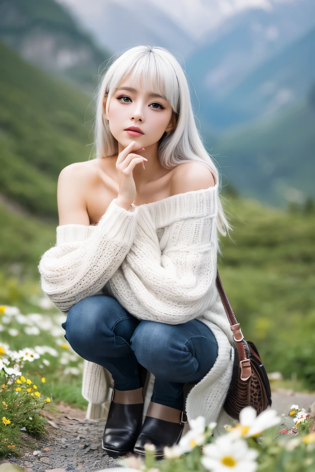 (True to reality,Photorealistic 1.5),((highest quality, 8k, masterpiece:1.3)), (double eyelid,Large Eyes:1.3),(The expression is sad 1.5),(Indignant expression 1.5)Clear focus 1.2, Perfect body beauty:1.4 , Delicate Skin 1.1,(Silvery white hair 1.2),(Delicate features 1.4),(Pure Desire 1.3)Black one-shoulder sweater,Denim shorts,knee-length black stockings,Flowers scattered on the mountain々Standing on ground surrounded by,(Flowers bloom all over the ground 1.5),