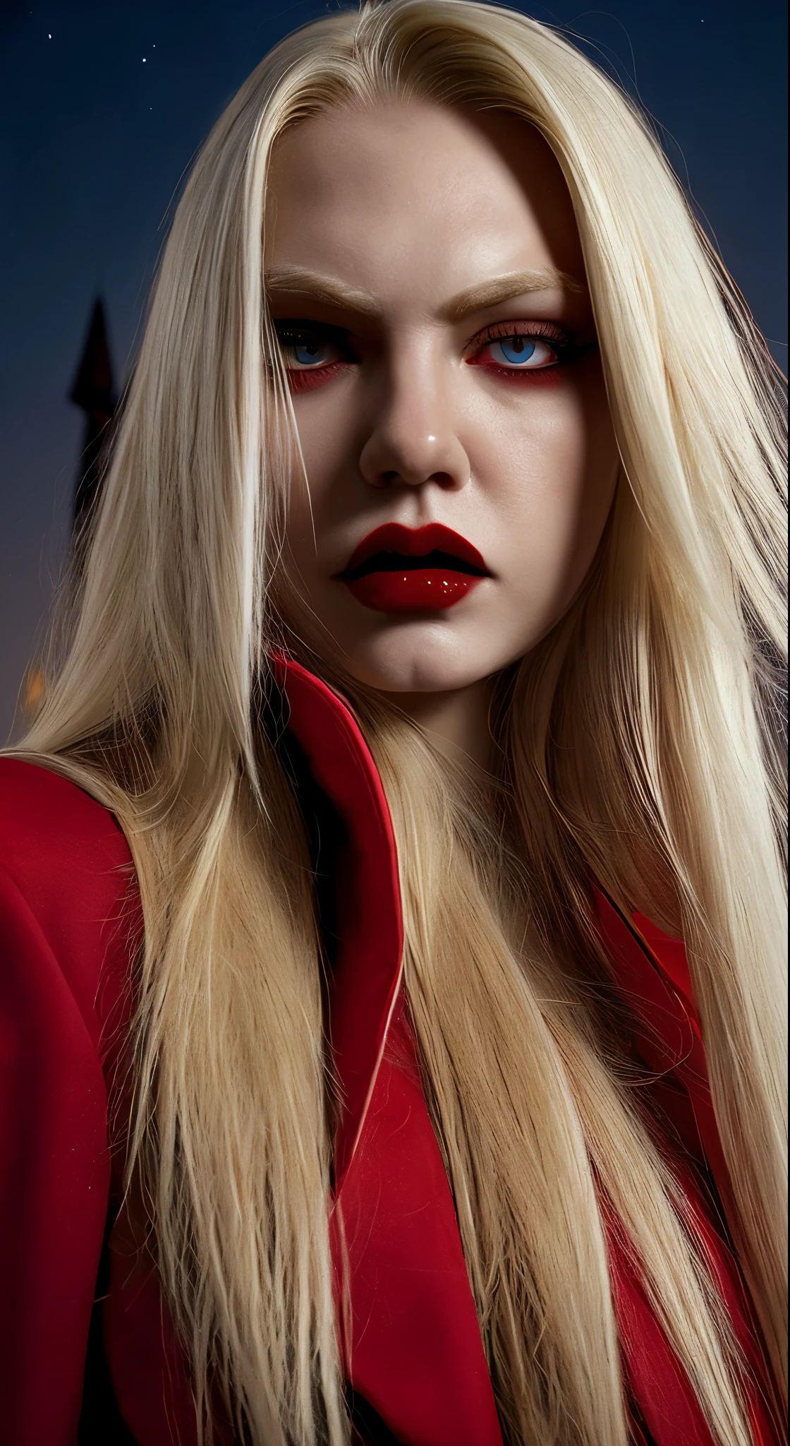 masterpiece, highest quality, (Focus Only), (Perfect Face:1.1), (Attention to detail:1.1), (Ultra-detailed eyes), dramatic, 1 person, (Pale skin), Long blonde hair, (Red Iris), Focus on the individual, vampire, Long Hair, moon, night, Red luxury suit, Pouting, city, Detailed Background, Art by artgerm, Cinema Lighting, Red Rose, fashion