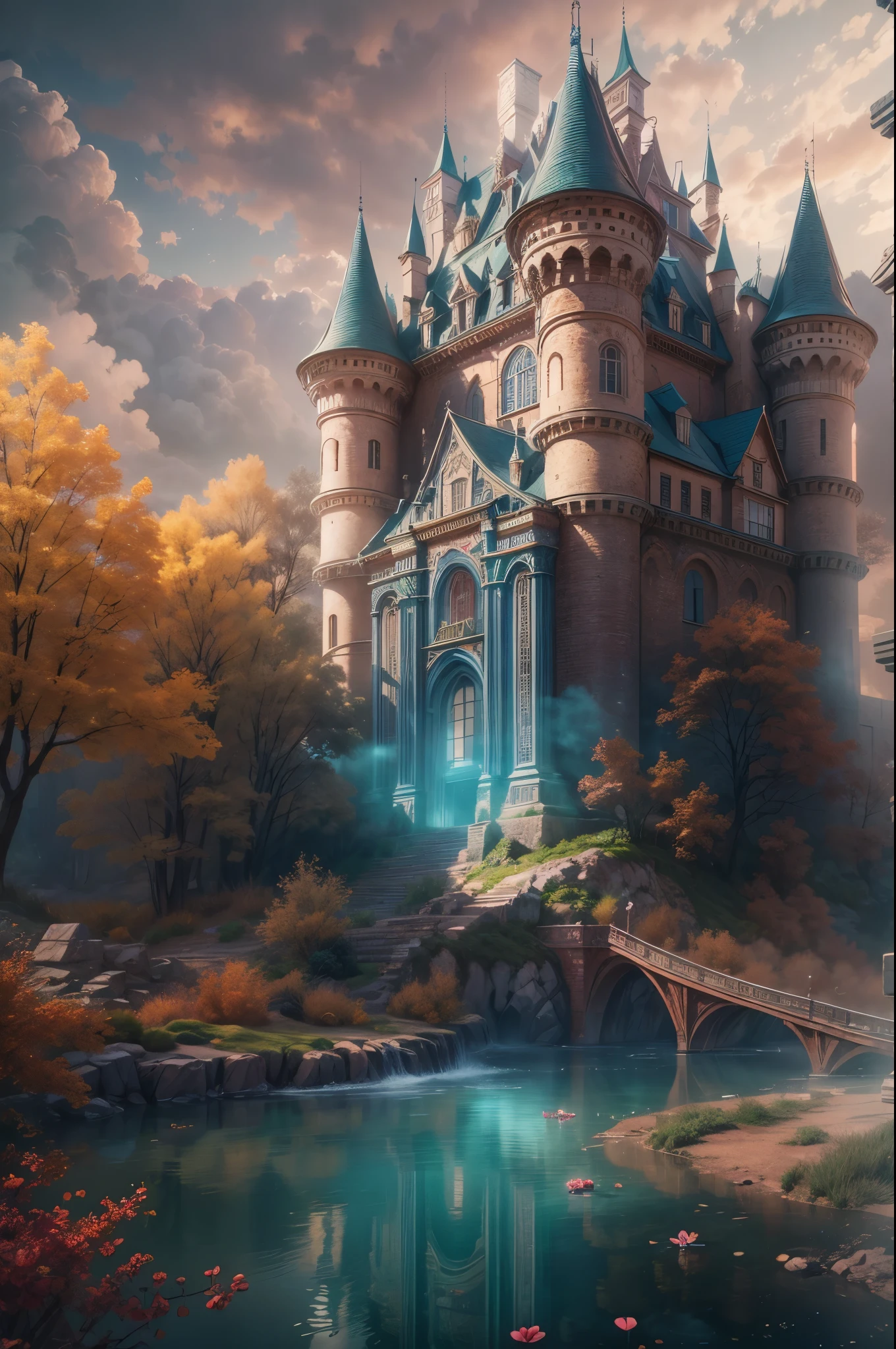 On the misty lakeside stands a dreamy castle. The castle towered into the clouds, its spires and spires sparkling in the morning light, as if cast with the light of stars. The outer walls of the castle are adorned with gemstones and precious gemstones, emitting a colorful light that illuminates the entire lake. The interior of the castle is a mysterious maze, with intricate corridors leading to countless mysterious rooms. Each room is decorated with magnificent murals and exquisite carvings, exuding an ancient and mysterious atmosphere. At the center of the castle is a huge palace, with an incredibly luxurious interior. The magnificent palace decorations, huge crystal chandeliers, and magnificent walls make people feel like they are in a fairyland.,Dream colors,Best quality,UHD,16K,high resolution,HDR,octane rendering,Blender,photorealistic,3D rendering,hyper realistic,Retro-futurism,Award-winning,depth of field,Ultra wide view shot,cinematic style,surrealism,hyper detailed