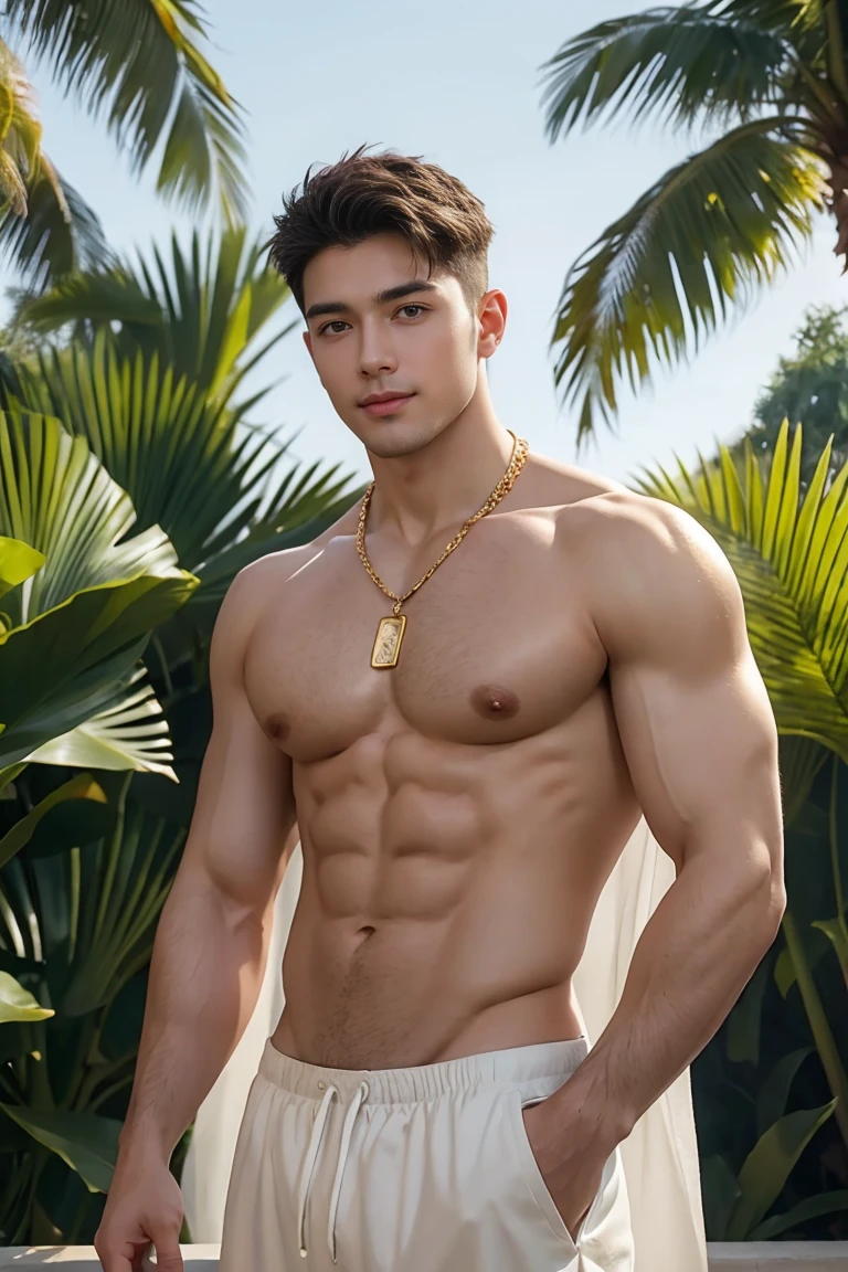 
(masterpiece, best quality:1.2), 1 person, Single attractive man，With eyes like heaven, delicate brown hair, magic , Attractive appearance, Mysterious smile, Very beautiful face , Detailed  images, Large Breasts，Long nipples , Full and swollen chest muscles，naked ,Handsome man! Diamonds in the ears. A gold chain hangs around his neck,Highest quality full body photos of cute boys!Perfect hand details