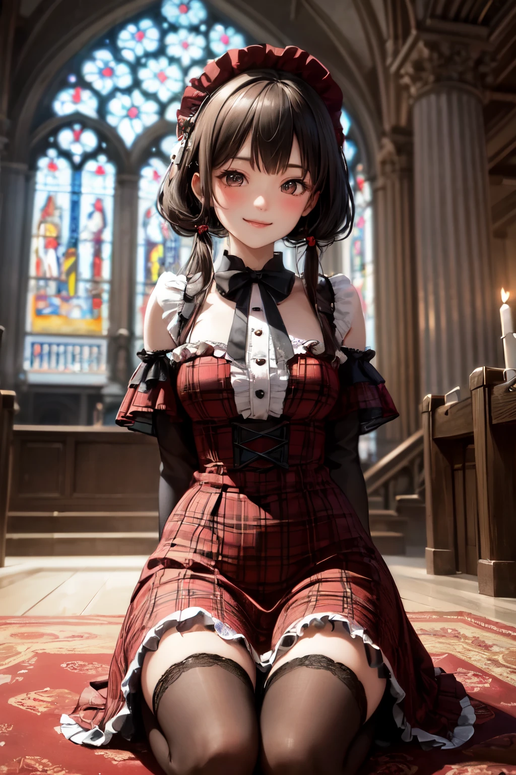 very cute and beautiful girl,(highly detailed beautiful face),(smile:1.2),happy,blush,embarrassed,black hair,looking at viewer, (elegant brown plaid lolita dress with detailed frills),detailed lace, kneeling,arms behind back,altar,church,indoors, (best quality,masterpiece),absurdres,highres,ultra-detailed,extremely detailed,32k,8k resolution, intricate details,cinematic scene,detailed background,solo,dynamic angle,