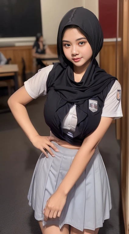 ((malay beautiful girl:1.5)) ((20 years)) ((jakarta high school)) ((school uniforms:1.4)) ((panty shot:1.5)) ((full white shirt with unbutton)) ((high school)),((blueish grey long skirt:1.2)),white collar, open collar until chest, no blueish grey tie, ((in the class room:1.3)) ((thin_fabric:1.4)) ((random sexy pose:1.3)) ((sweaty:1.3))((face is flushed:1.4)) ((big breasts:1.5)) ((close-up:1.2)) best quality,masterpiece,ultra high res,(photorealistic:1.4),raw photo,(Authentic skin texture:1.3),(film grain:1.3),panorama,character portrait,very wide shot,narrow waist,cowboy shot,(in the dark, deep shadow, low key, cold light,) night,(()),streaming tears,,dust,Tyndall effect,(expression),1girl,beautiful detailed eyes and face,white jabot,brown eyes,((black hair:1.2)) ((full body:1.3)) ((smile:1.3)) ((short hair:1.1)) ((osis school logo only on chest,))((small head))((short sleeves))