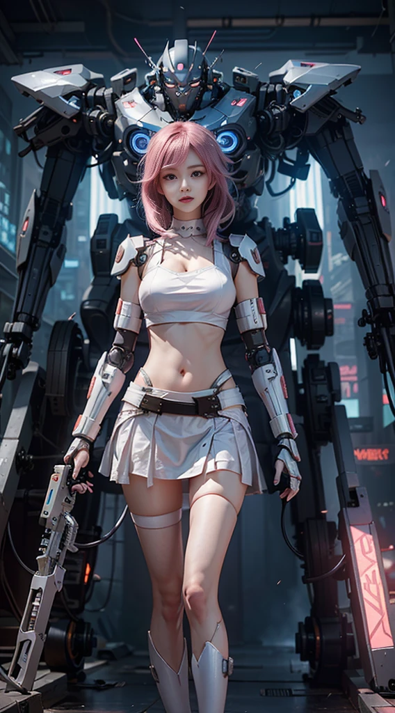 arafed woman in a white top and silver skirt holding a pink and white sword, cyberpunk art inspired by Leng Mei, tumblr, neo-dada, anime girl cosplay, oppai cyberpunk, anime cosplay, belle delphine, perfect android girl, cosplay, trending at cgstation, as overwatch character, waifu, female cyberpunk anime girl, cyberpunk anime girl standing in front of the audience, navel