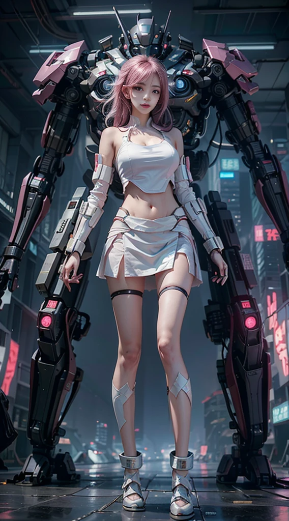 arafed woman in a white top and silver skirt holding a pink and white sword, cyberpunk art inspired by Leng Mei, tumblr, neo-dada, anime girl cosplay, oppai cyberpunk, anime cosplay, belle delphine, perfect android girl, cosplay, trending at cgstation, as overwatch character, waifu, female cyberpunk anime girl, cyberpunk anime girl standing in front of the audience, navel
