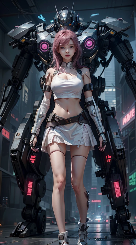 arafed woman in a white top and silver skirt holding a pink and white sword, cyberpunk art inspired by Leng Mei, tumblr, neo-dada, anime girl cosplay, oppai cyberpunk, anime cosplay, belle delphine, perfect android girl, cosplay, trending at cgstation, as overwatch character, waifu, female cyberpunk anime girl, cyberpunk anime girl standing in front of the audience, navel