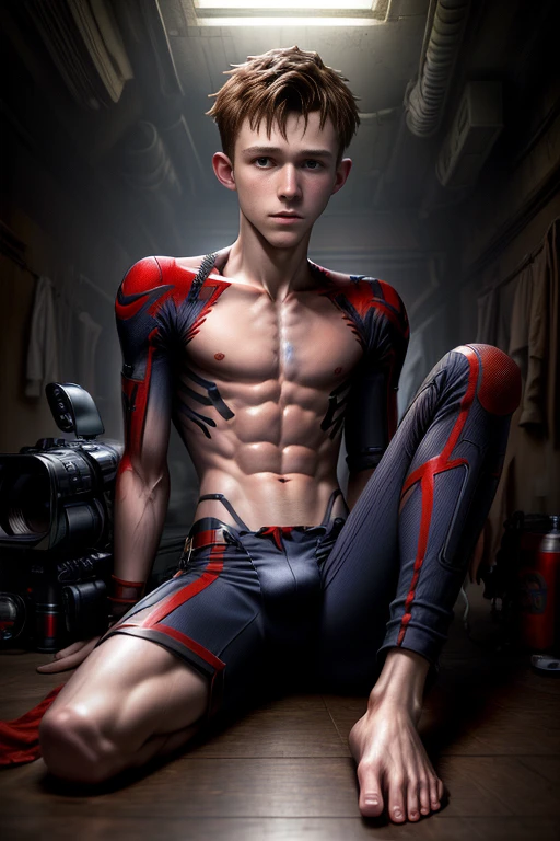 ((Photorealistic photography)) hyperdetailed beautiful full-body erotic photo of SHIRTLESS ((scrawny)) ((Sexy twink Tom Holland)) cyberpunk, with brown hair, detailed skin, detailed face, dslr, lust and longing, bare legs, ((bare feet))