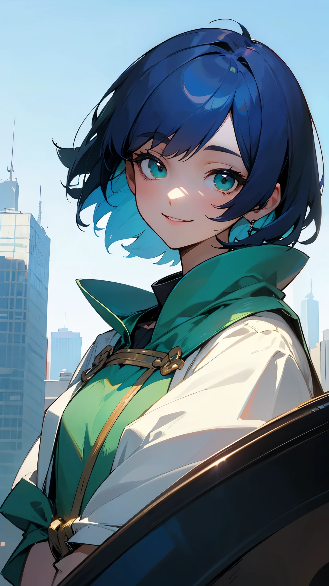 Dark blue hair、Bob Hair、Green round eyes、Slender body、Peasant Tunic、Bright smile、Skyscraper、rooftop、blue sky、Head close-up