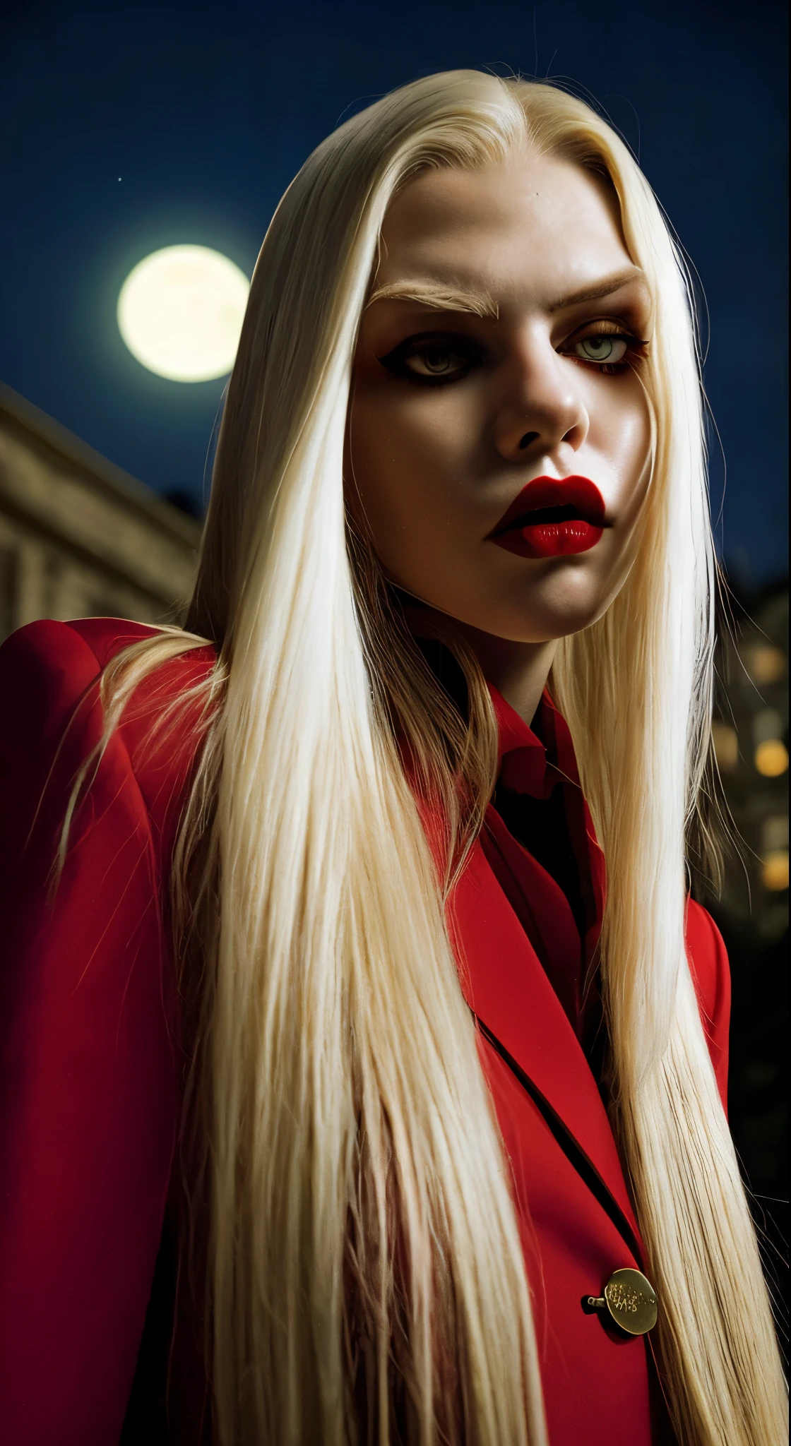 masterpiece, highest quality, (Focus Only), (Perfect Face:1.1), (Attention to detail:1.1), (Ultra-detailed eyes), dramatic, 1 person, (Pale skin), Long blonde hair, (Red Iris), Focus on the individual, vampire, Long Hair, moon, night, Red luxury suit, Pouting, city, Detailed Background, Art by artgerm, Cinema Lighting, Red Rose, fashion