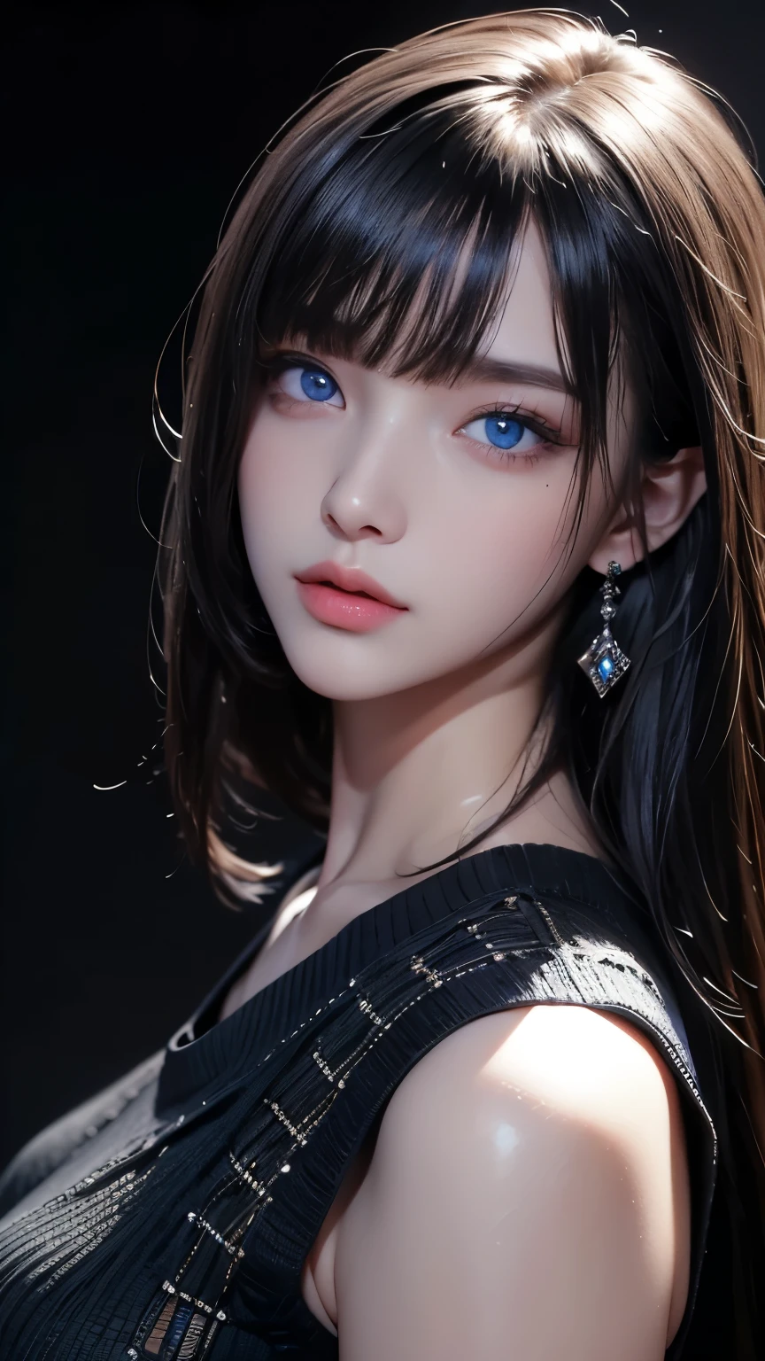 masterpiece, highest quality, Super detailed, Facing the camera, 複雑に詳細なSuper detailed, Realistic, Sharp features, Very detailed, Sharp focus, Perfect Face, Perfect Face, Perfect symmetrical perfect eyes, Perfect Plump Lips, Flexible female form, Cinematic, Film Light, Super detailed, hyper Realistic, masterpiece, Atmospheric, High resolution, Vibrant, Dynamic Studio Lighting, ((Dark Background)), The expression when enduring pleasure, Straight bangs, blue eyes,Black sweater, Cowboy Shot,The cleavage is visible、first round