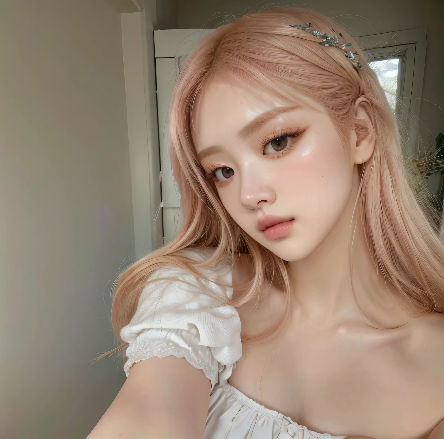 Rose de Blackpink, cabello rubio, piel suave, ojos grandes, pale skin, cabello largo y sedoso, estilo realista