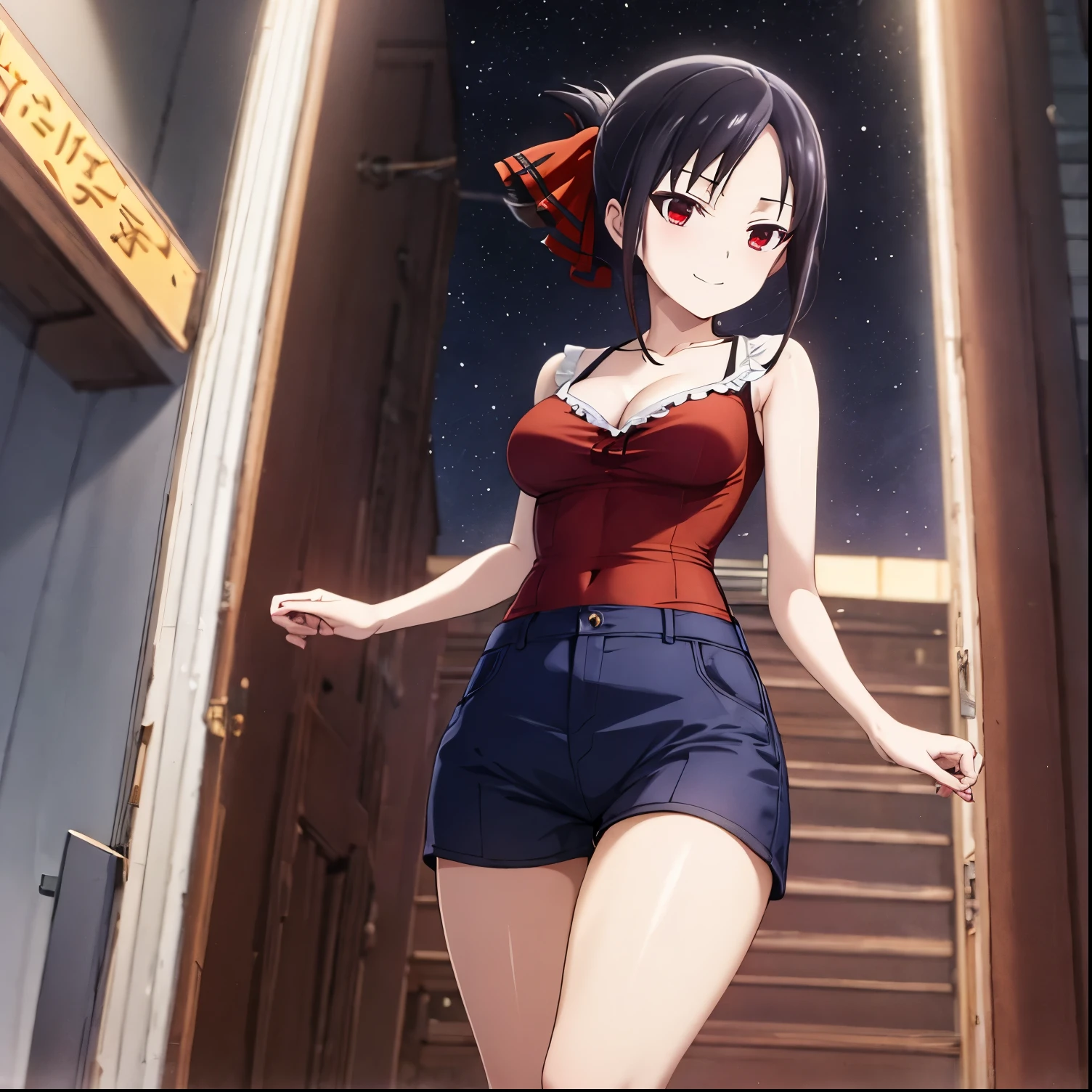 1 girl, alone, kaguya shinomiya, best quality (masterpiece: 1.2), detailed, closed mouth, light smile, Black hair, red eyes, tight red blouse, cleavage, short shorts, blue shorts, walking down the street, good lighting, night, darkness, city lights, short hair, folded ponytail, hair ribbon, red ribbon , medium breasts, medium waist, wide hips, medium thighs, round butt, front view, looking at viewer, point of view (from below), ((body complete)), perfect anatomy, perfect hands