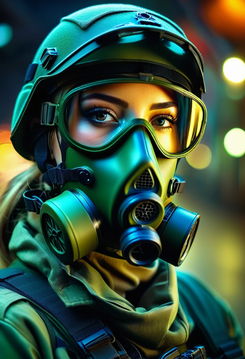 (best quality,4k,8k,highres,masterpiece:1.2),ultra-detailed,(realistic,photorealistic,photo-realistic:1.37),beautiful Russian female soldier,modern uniform,modern gas mask,night vision goggles,vivid colors,studio lighting,sharp focus,physically-based rendering,bokeh