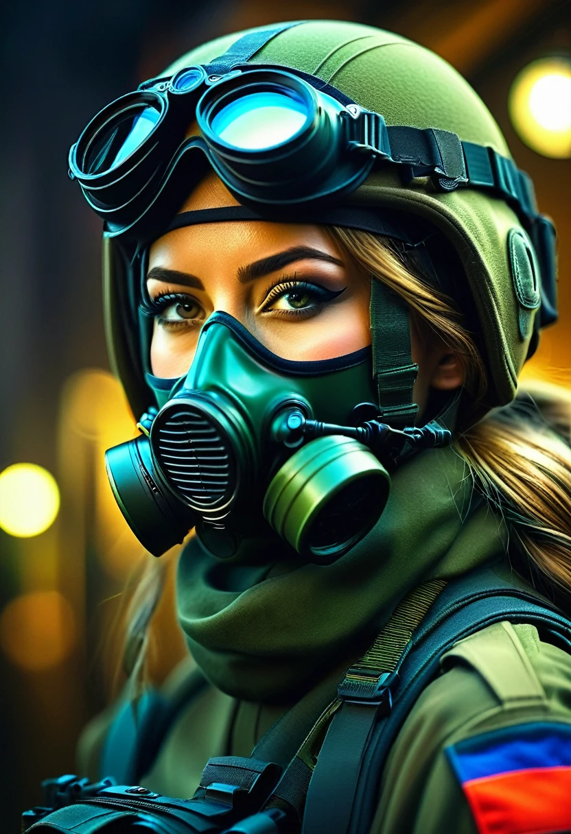 (best quality,4k,8k,highres,masterpiece:1.2),ultra-detailed,(realistic,photorealistic,photo-realistic:1.37),beautiful Russian female soldier,modern uniform,modern gas mask,night vision goggles,vivid colors,studio lighting,sharp focus,physically-based rendering,bokeh