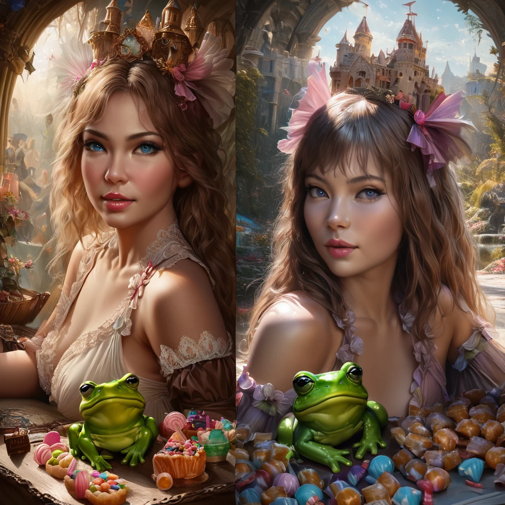 A castle made of candy and yummy food, with sexy frog women peasants going about their dreamland day. (best quality,4k,8k,highres,masterpiece:1.2),ultra-detailed,(realistic,photorealistic,photo-realistic:1.37), candy castle, vibrant colors, delicious treats, mouth-watering sweets, sugary fantasy, enchanting atmosphere, whimsical environment, magical setting, alluring frog women, seductive appearances, captivating eyes, luscious lips, graceful movements, charming outfits, playful attitude, dreamlike ambiance, sweet aroma of confections, magical lighting. notes: - "candy castle" Set as the first tag to represent the main body of the screen - "best quality,4k,8k,highres,masterpiece:1.2" and "ultra-detailed" Increased image quality - "(realistic,photorealistic,photo-realistic:1.37)" Increased image quality and specified style - "vibrant colors" Describes the color hue - "delicious treats, mouth-watering sweets" 描述了材质and场景细节 - "sugary fantasy, enchanting atmosphere, whimsical environment, magical setting, dreamlike ambiance" 描述了整体氛围and场景 - "alluring frog women, seductive appearances, captivating eyes, luscious lips, graceful movements, charming outfits, playful attitude" 描述了人物细节and姿势 - "sweet aroma of confections"Describes the atmosphere of the scene - "magical lighting" Describes the lighting effects of the picture