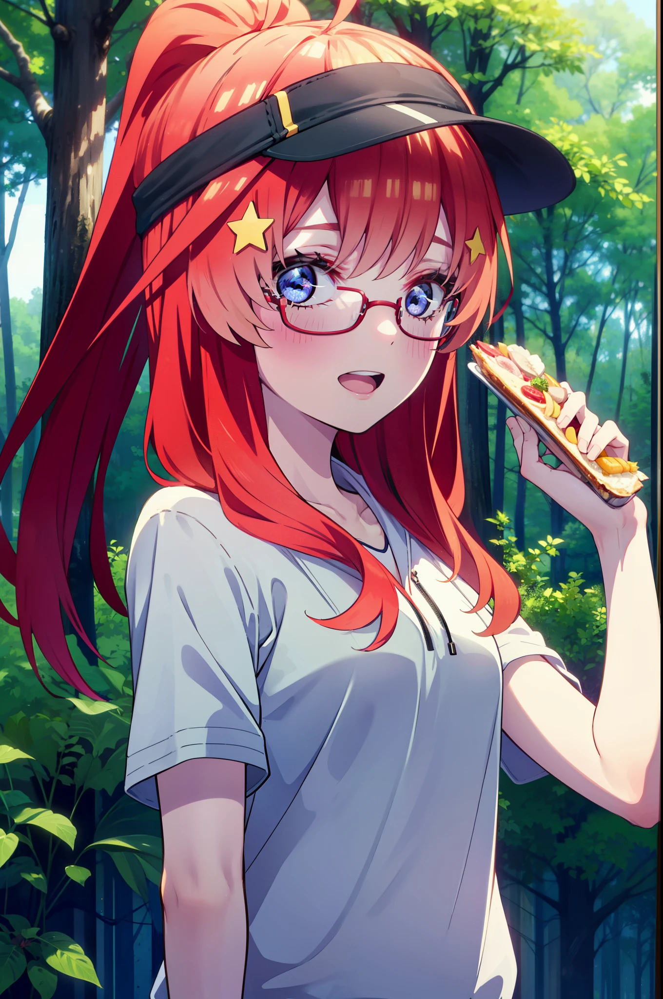 itsukinakano, Itsuki Nakano, bangs, blue eyes, Hair between the eyes, Ahoge, Redhead, star \(symbol\), hair ornaments, star hair ornaments,Akagi glasses, tooth, smile, Open your mouth,ponytail,Red hoodie,Short sleeve,Baseball cap,Food Up,Red Tank Top Shirt,Short denim,Red Knee High Socks,High Top Sneakers,Daytime,sunny,Real Summer,barbecue,tent,
break looking at viewer, Upper Body, whole body,(Cowboy Shot:1. 5)
break outdoors, forest, nature,camp site,
break (masterpiece:1.2), highest quality, High resolution, unity 8k wallpaper, (shape:0.8), (Beautiful details:1.6), Highly detailed face, Perfect lighting, Extremely detailed CG, (Perfect hands, Perfect Anatomy),