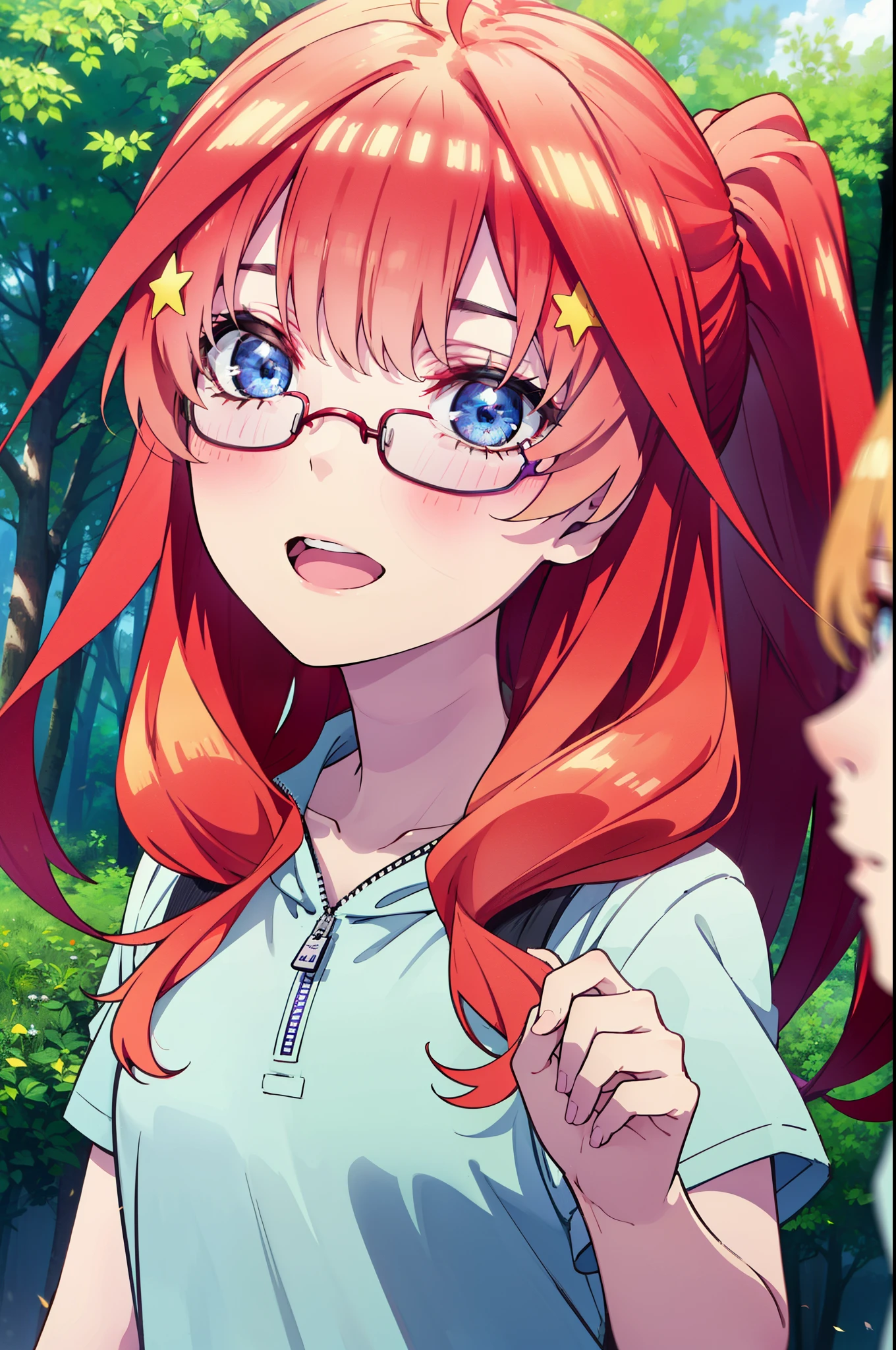 itsukinakano, Itsuki Nakano, bangs, blue eyes, Hair between the eyes, Ahoge, Redhead, star \(symbol\), hair ornaments, star hair ornaments,Akagi glasses, tooth, smile, Open your mouth,ponytail,Red hoodie,Short sleeve,Baseball cap,Food Up,Red Tank Top Shirt,Short denim,Red Knee High Socks,High Top Sneakers,Daytime,sunny,Real Summer,barbecue,tent,
break looking at viewer, Upper Body, whole body,(Cowboy Shot:1. 5)
break outdoors, forest, nature,camp site,
break (masterpiece:1.2), highest quality, High resolution, unity 8k wallpaper, (shape:0.8), (Beautiful details:1.6), Highly detailed face, Perfect lighting, Extremely detailed CG, (Perfect hands, Perfect Anatomy),