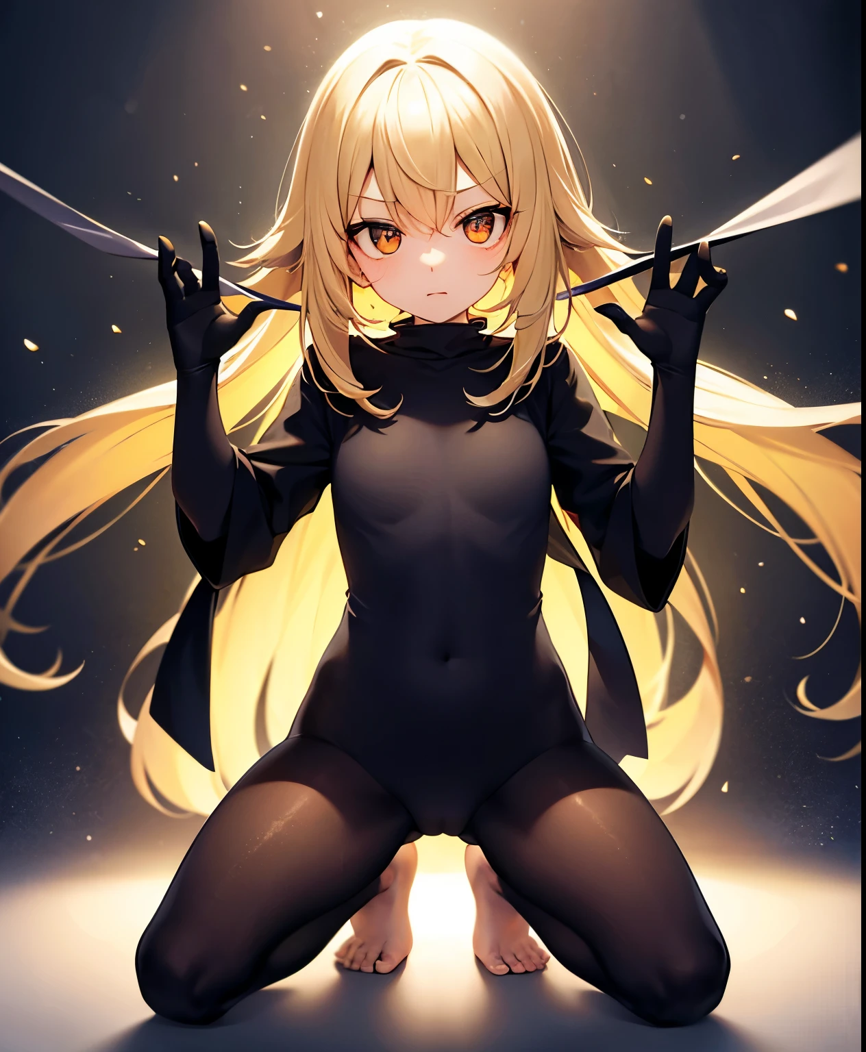 Full Body Tights, barefoot, cute ,small ,,,Childish face, Very fine clean face,highest quality, Big eyes,Straight hair,Yellow Hair,Crimson Eye,Naughty,Inconspicuous light,,Soft lighting,Light from directly behind, ((Open your legs)), ((Kneeling)), Raise your arms, Front view