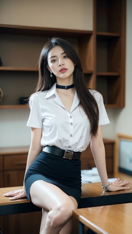 (Masterpiece, best quality, alone, รายละเอียดที่complicated, Chromatic aberration), realistic, ((Moderate breath)), hair in one eye,purple eyes, earring, sharp eyes, choker,diamond pendant, (symmetrical eyes),(Perfect symmetrical body),Photo of a beautiful 20 year old girl,(fit the body), Beautiful and charming with contemporary fashion paintings as well....., looking at the audience, ((in the classroom background)), (1 Girl),(black short skirt), (white short sleeve, Form fitting shirt., Unbuttoning 2 buttons, Revealing a little breast..), ((A short black pencil skirt with a deep slit on the side...)), sugar belt, ((Put your hands down.)),Copper blonde hair, Bob, long hair, Side flatness,round chin, Art lens 85mm, Sharp focus, High resolution 8K, Crazy details, complicated, elegant,sitting on the study table Lift one leg to eye level.., The legs are slightly apart..,dynamic gesture, Sitting on a reading table in a luxury hotel room Turn your head with your legs open at eye level. Separate your legs slightly.,Lift your right leg over your left leg, releasing it naturally to eye level., แยกขาออกเล็กน้อย dynamic gesture,polish,Engineer boots,muscular legs,Beautiful muscles,Don't pop,Not naked,lace,Wear a navy blue lab coat with 34 inch short sleeves.